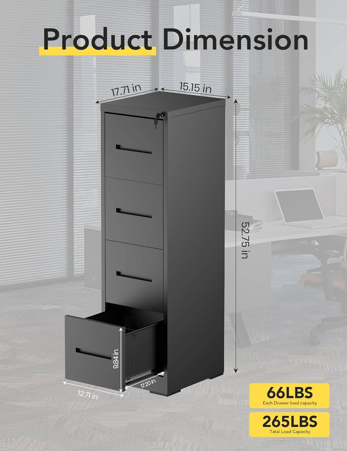 Product Dimension

17.71 in  
15.15 in  
52.75 in  
12.71 in  
9.84 in  
17.20 in  

66LBS  
Each Drawer load capacity  

265LBS  
Total Load Capacity