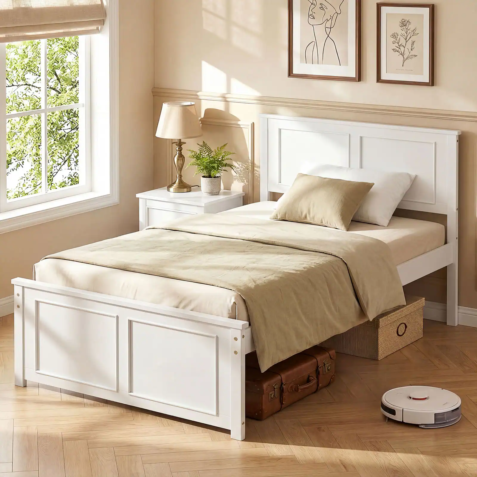 Alt View 4. Gymax - Gymax Twin Size Bed Frame Farmhouse Wooden Platform Bed w/ Headboard White - White.