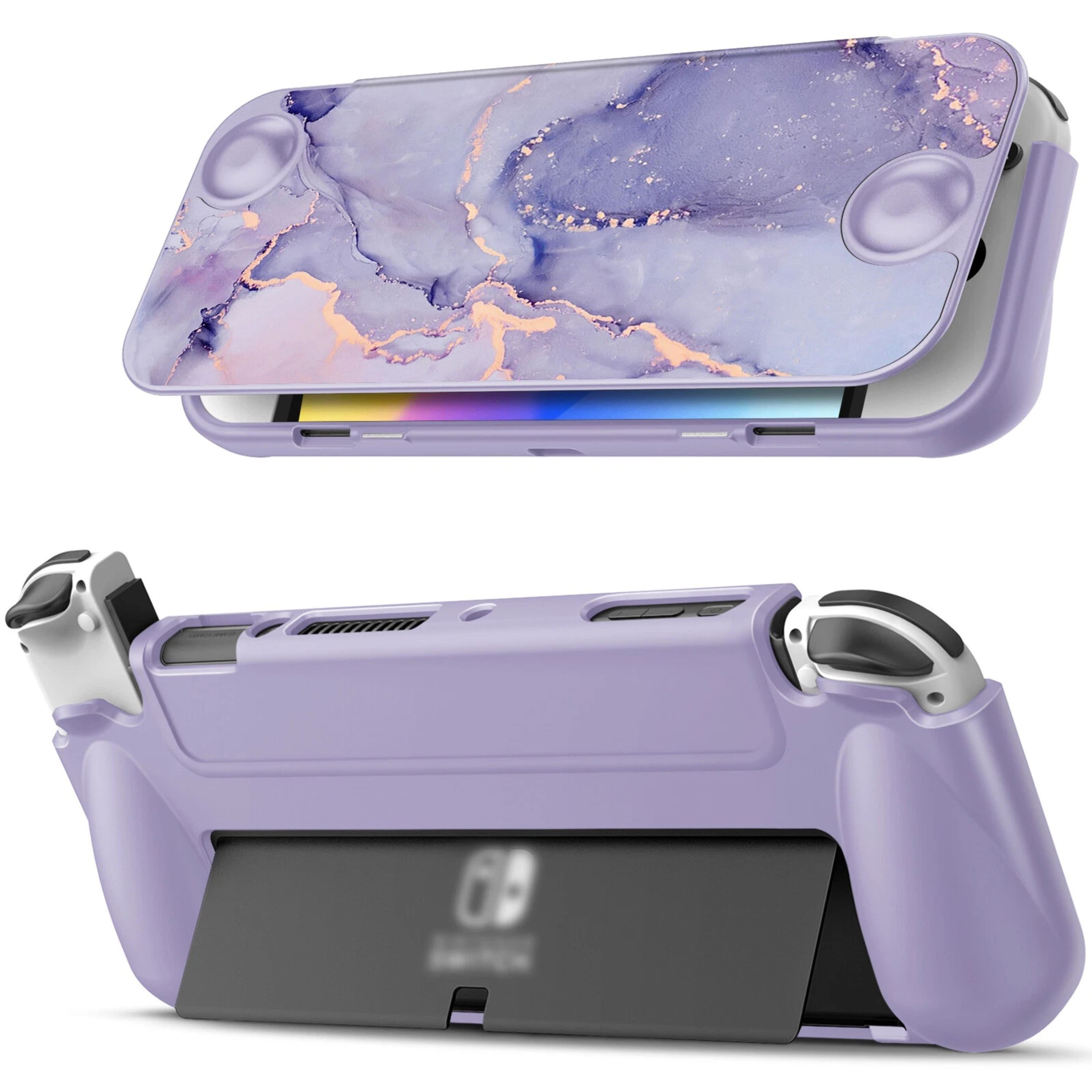 Kitcheniva - Lightweight TPU Case For Nintendo Switch OLED Model 2021 With Front Cover - Lilac Marble