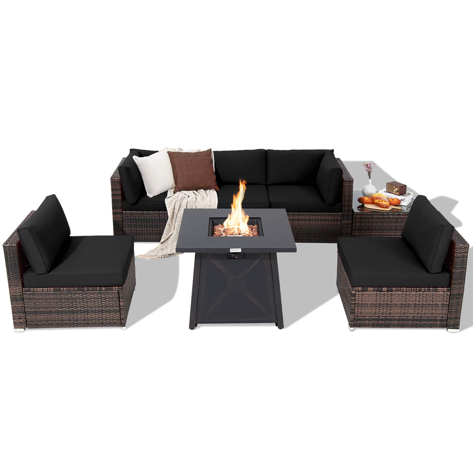 Costway - 7PCS Patio Rattan Furniture Set Fire Pit Table Cover Cushion - Black