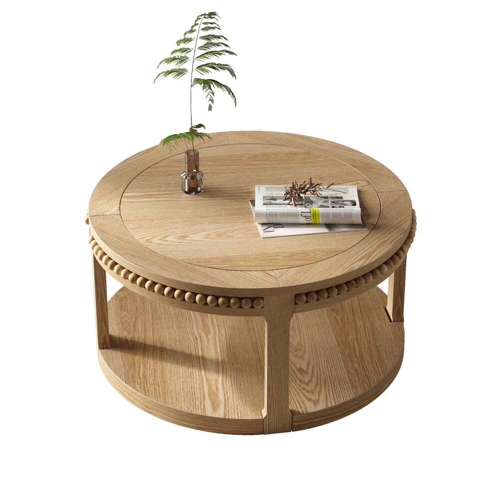 Alt View 8. Loheer - Loheer 31.5 inch round solid wood coffee table Two-Tier Open Storage - Natural Wood.