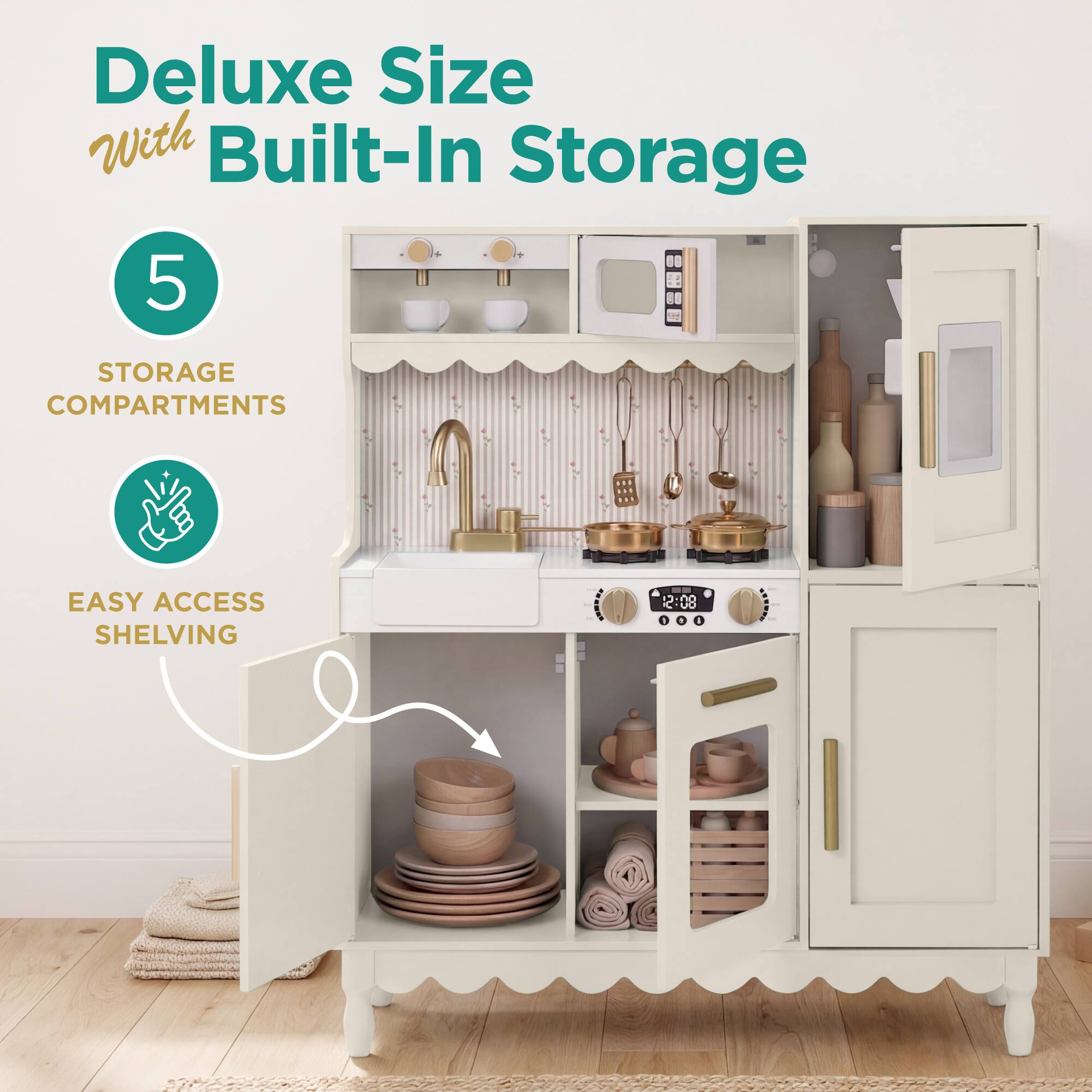 Deluxe Size With Built-In Storage

5 STORAGE COMPARTMENTS

EASY ACCESS SHELVING