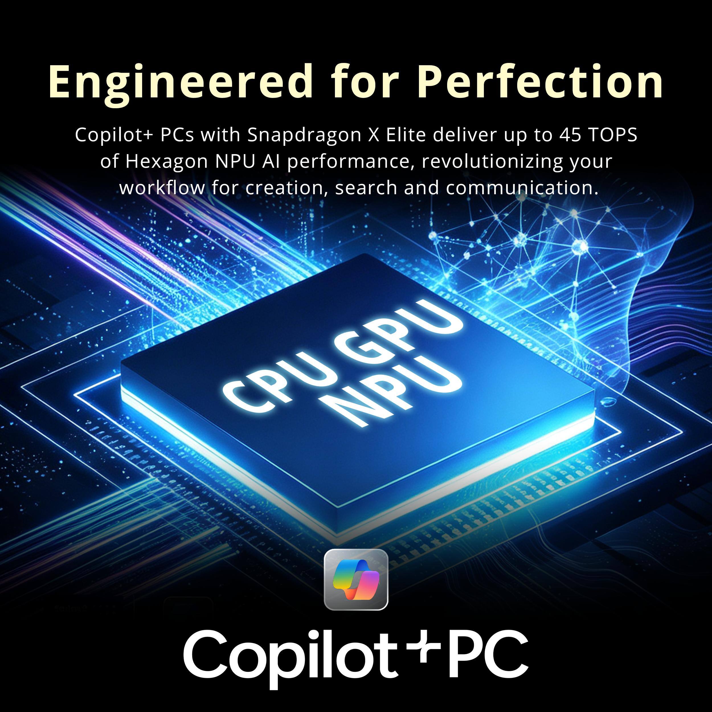 Engineered for Perfection

Copilot+ PCs with Snapdragon X Elite deliver up to 45 TOPS of Hexagon NPU AI performance, revolutionizing your workflow for creation, search and communication.

GPU CPU NPU

Copilot+ PC