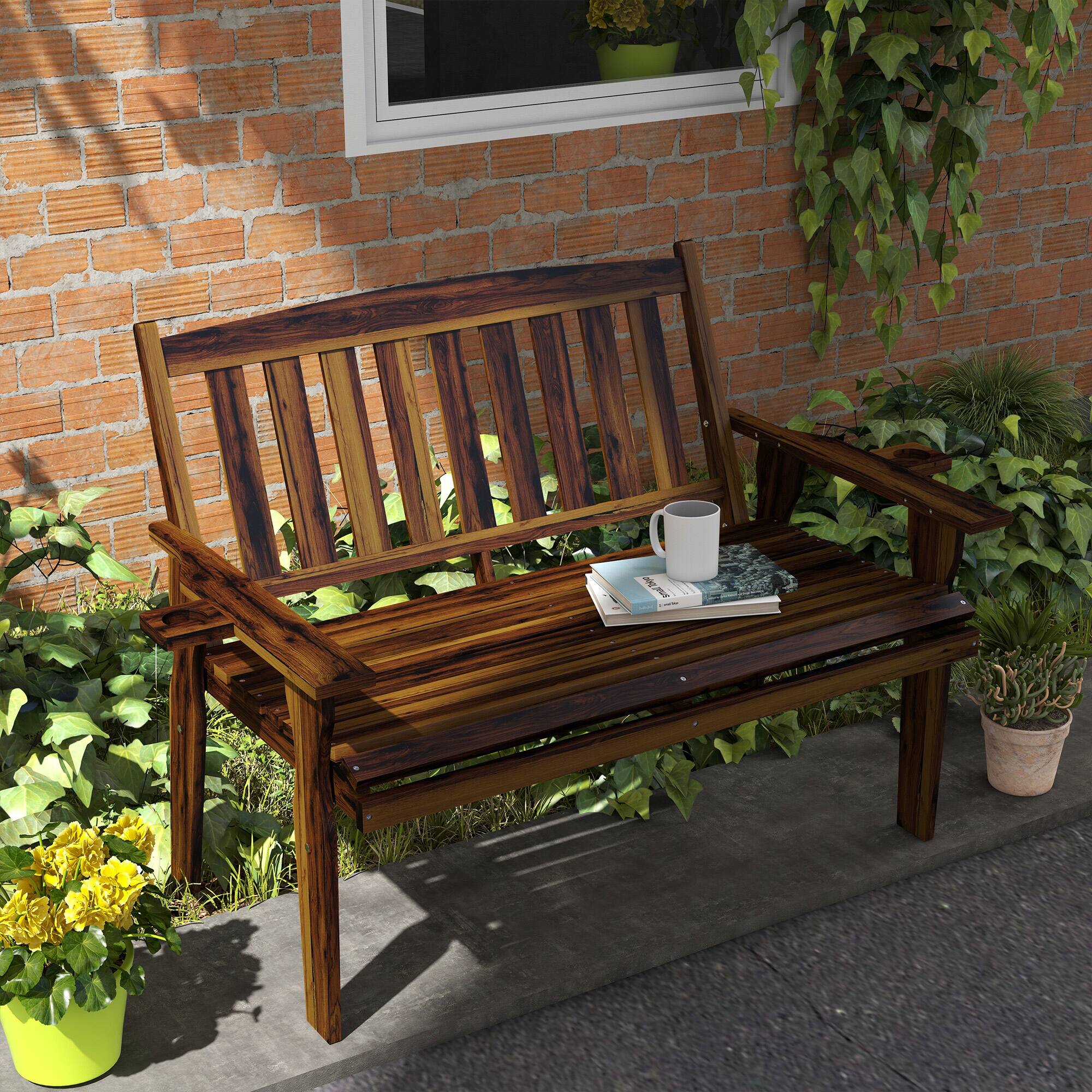 Angle. Outsunny - Outsunny Wood Outdoor Bench, 2-Person Garden Bench with Cupholder Armrests, Slatted Seat and Backrest - Carbonized.