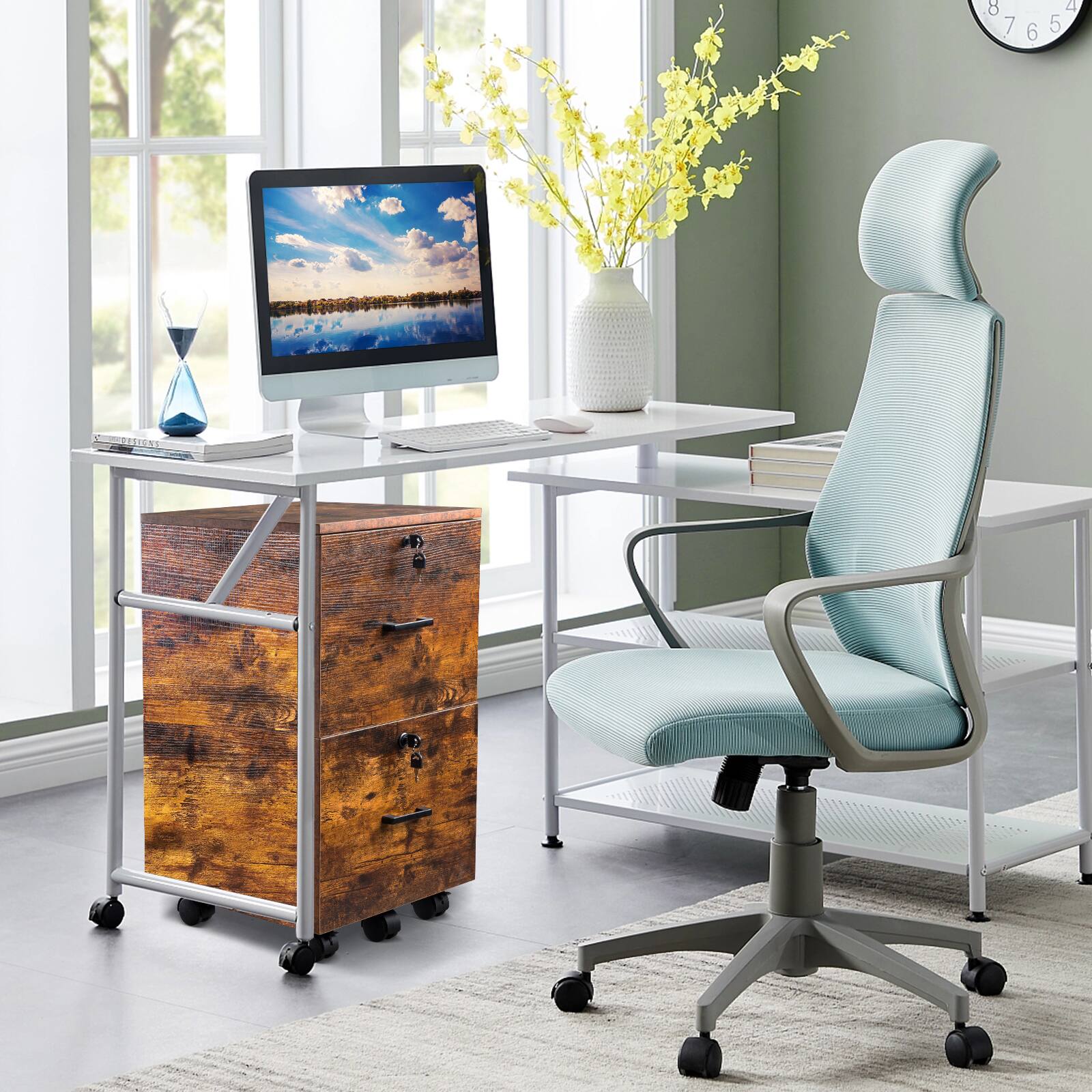 Alt View 8. Winado - 16"D x 16"W x 27"H 2 Drawer Rolling Under Desk Letter Size Folders Lockable Wood File Cabinets Printer with Hanging Bar - Rustic Brown & Black.