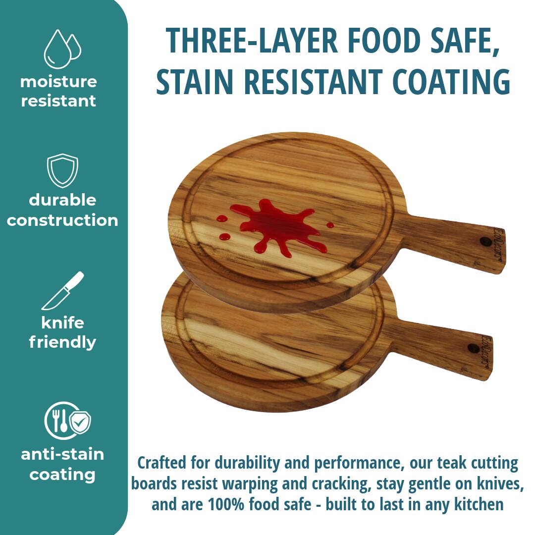 THREE-LAYER FOOD SAFE, STAIN RESISTANT COATING

moisture resistant

durable construction

knife friendly

anti-stain coating

Crafted for durability and performance, our teak cutting boards resist warping and cracking, stay gentle on knives, and are 100% food safe - built to last in any kitchen