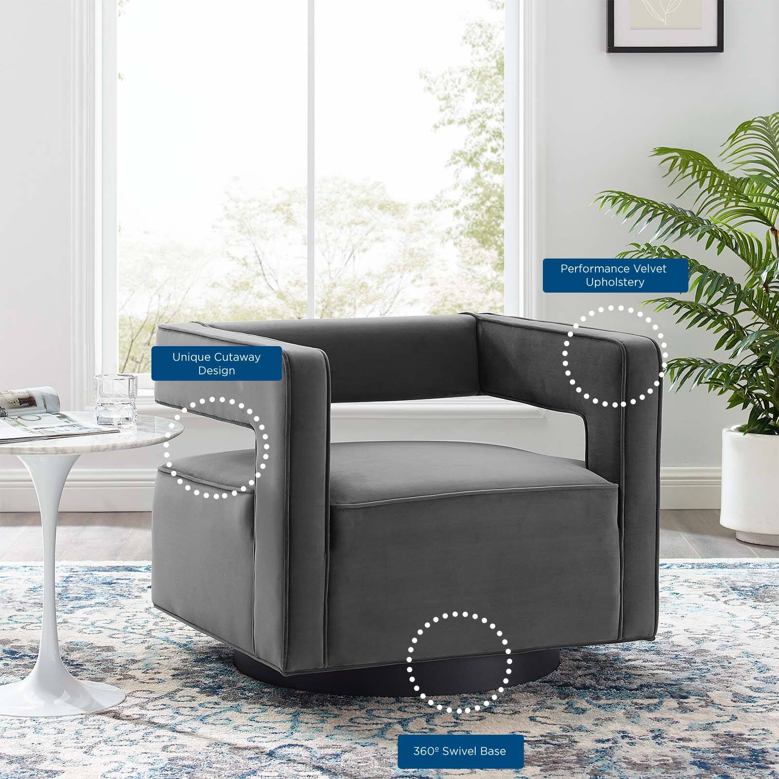 - Performance Velvet Upholstery
- Unique Cutaway Design
- 360° Swivel Base
