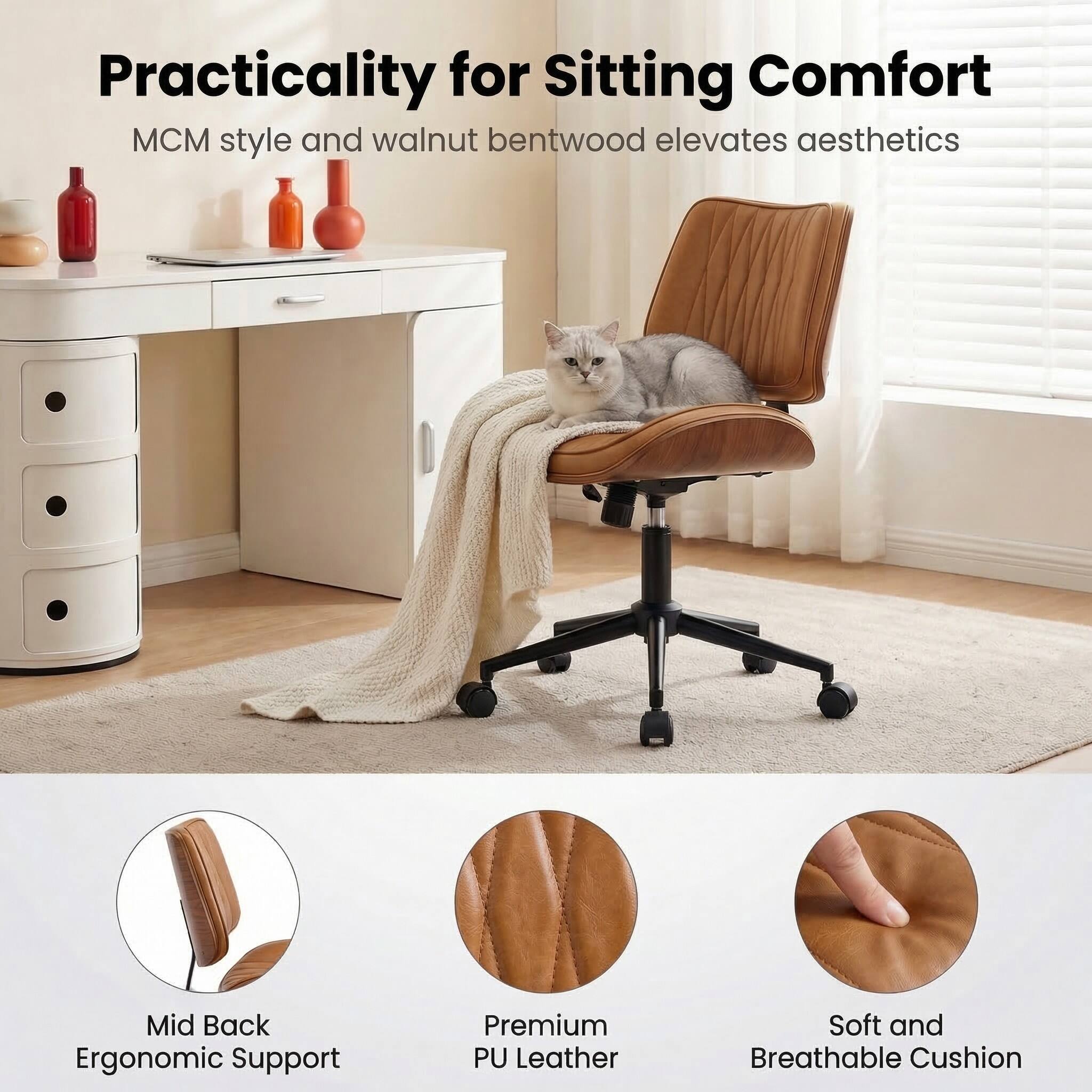 Practicality for Sitting Comfort  
MCM style and walnut bentwood elevates aesthetics  

Mid Back Ergonomic Support  
Premium PU Leather  
Soft and Breathable Cushion