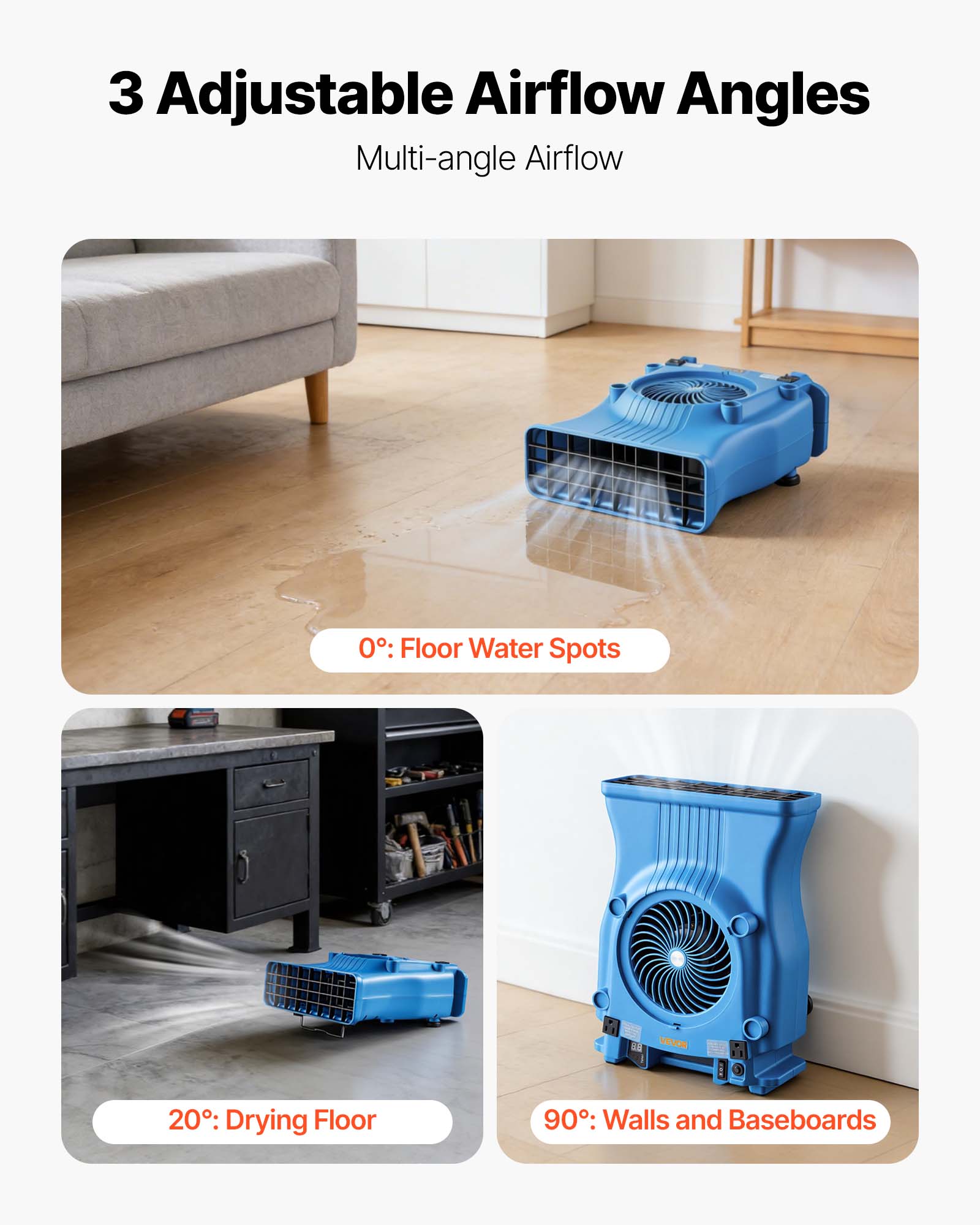 3 Adjustable Airflow Angles  
Multi-angle Airflow  

0°: Floor Water Spots  
20°: Drying Floor  
90°: Walls and Baseboards