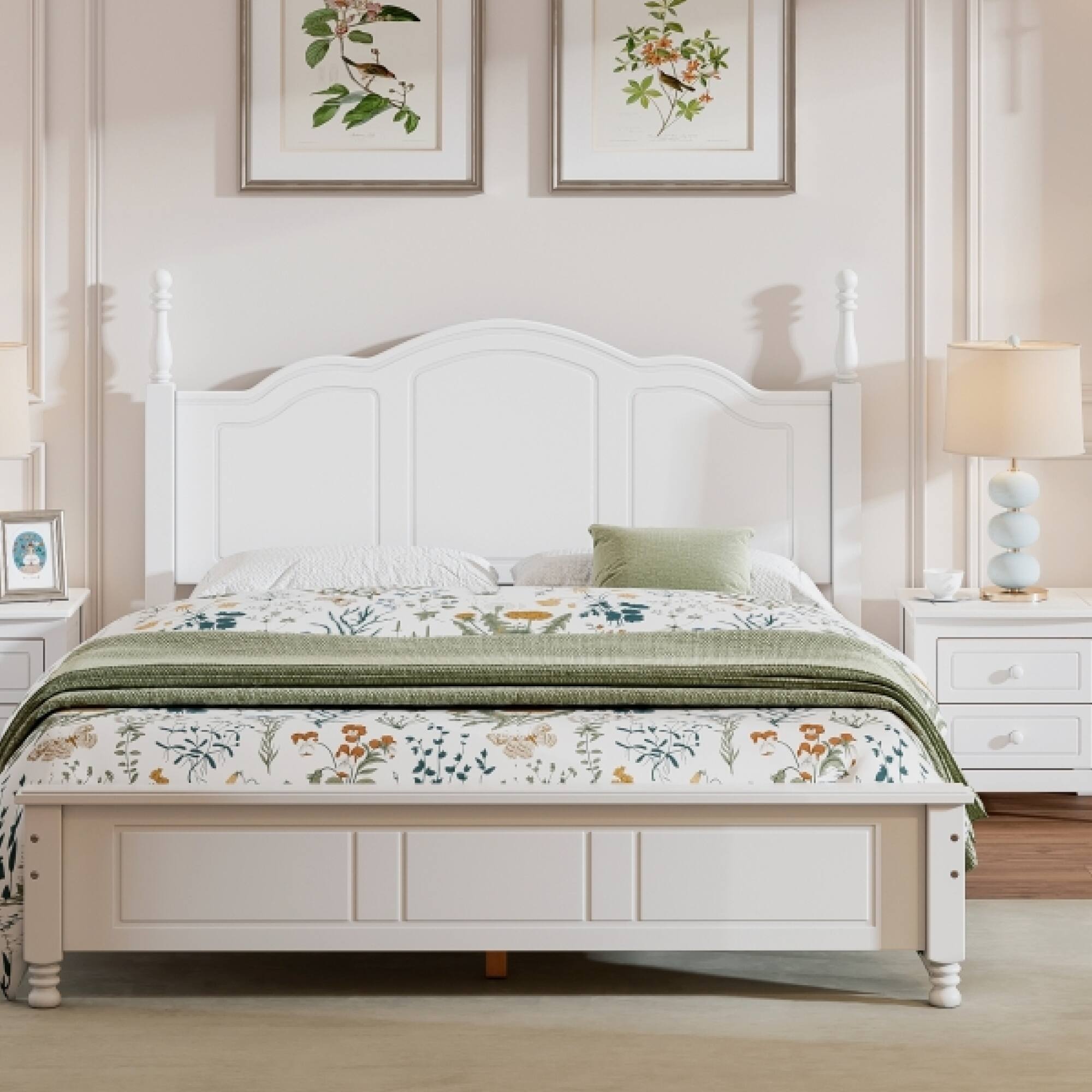 Alt View 6. GOODSILO - Queen Size Retro Wood Platform Bed Frame with Wooden Slat Support for Mattress - White.