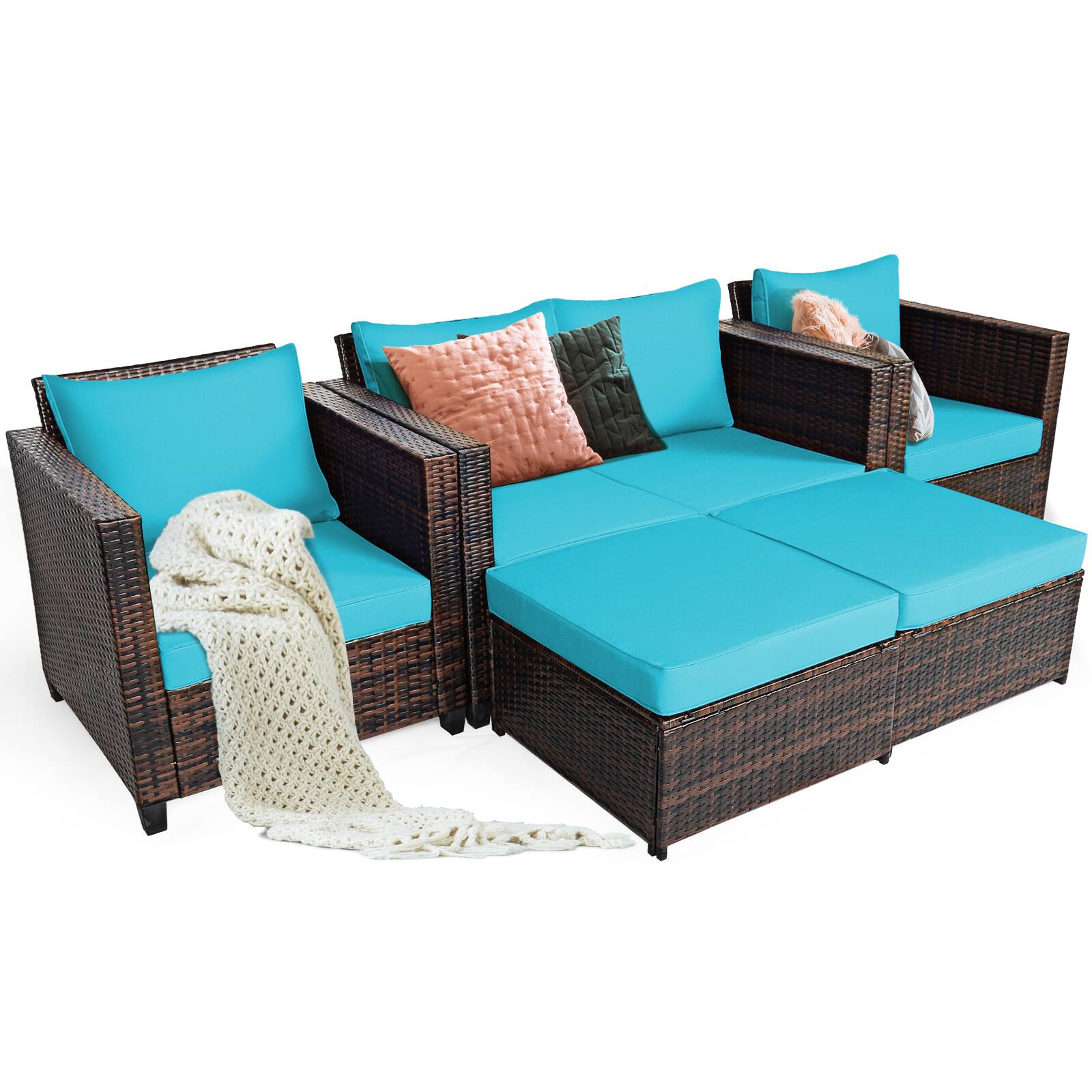 Alt View 1. Gymax - Gymax 5PCS Outdoor Patio Rattan Conversation Sofa Furniture Set w/ Turquoise Cushions - Turquoise.