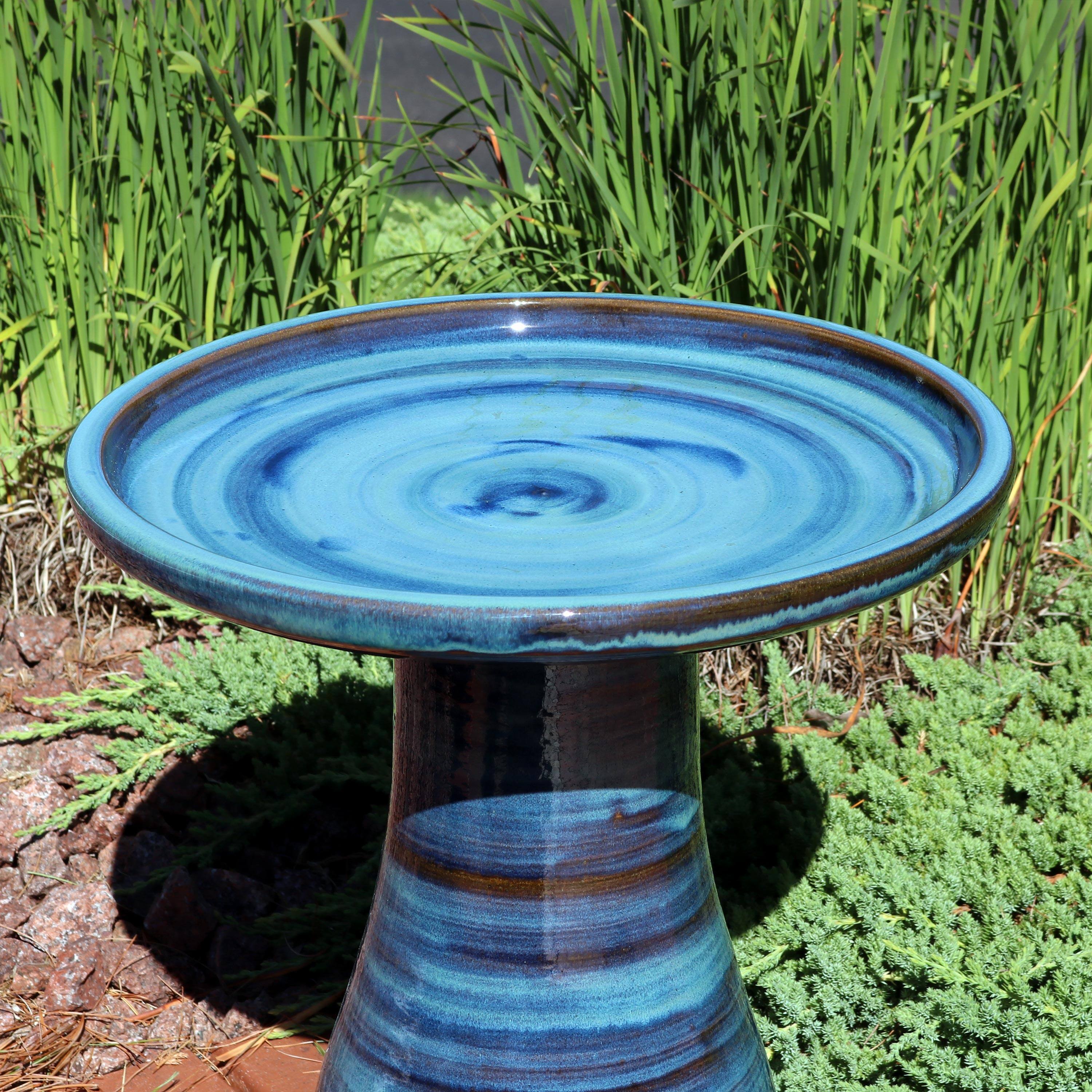 Alt View 7. Sunnydaze - Elegant Glazed Ceramic Bird Bath - 20.5 in - Galaxy Blue.