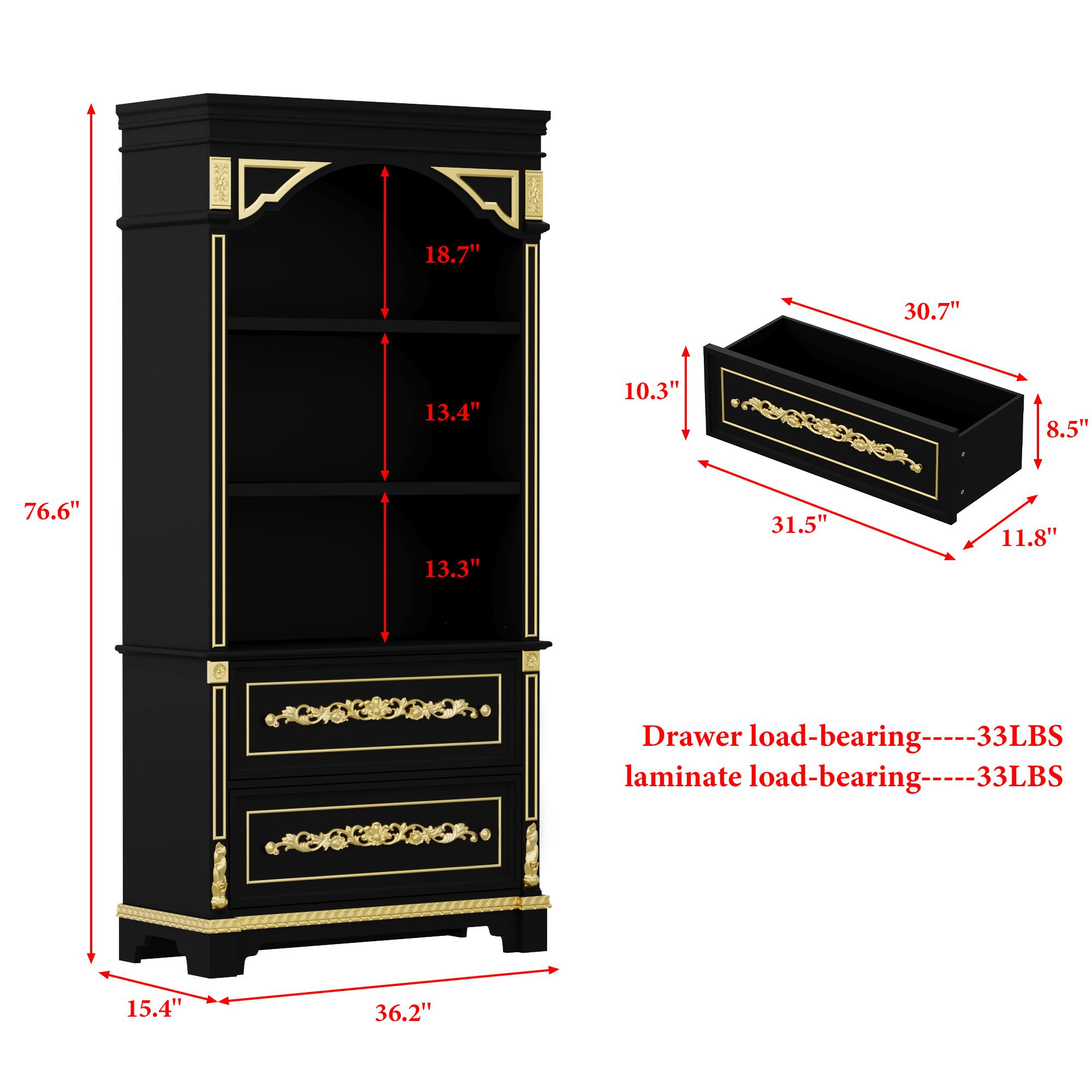 18.7" E 30.7" 13.4" 10.3" 8.5" 76.6" 13.3" 31.5" 11.8" A Drawer load-bearing----33LBS laminate load-bearing----33LBS 15.4" 36.2"