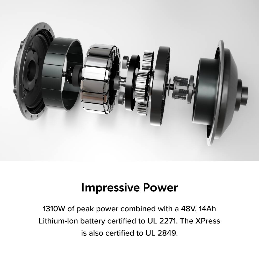 Impressive Power: 1310W of peak power combined with a 48V, 14Ah Lithium-ion battery certified to UL 2271. The XPress is also certified to UL 2849.