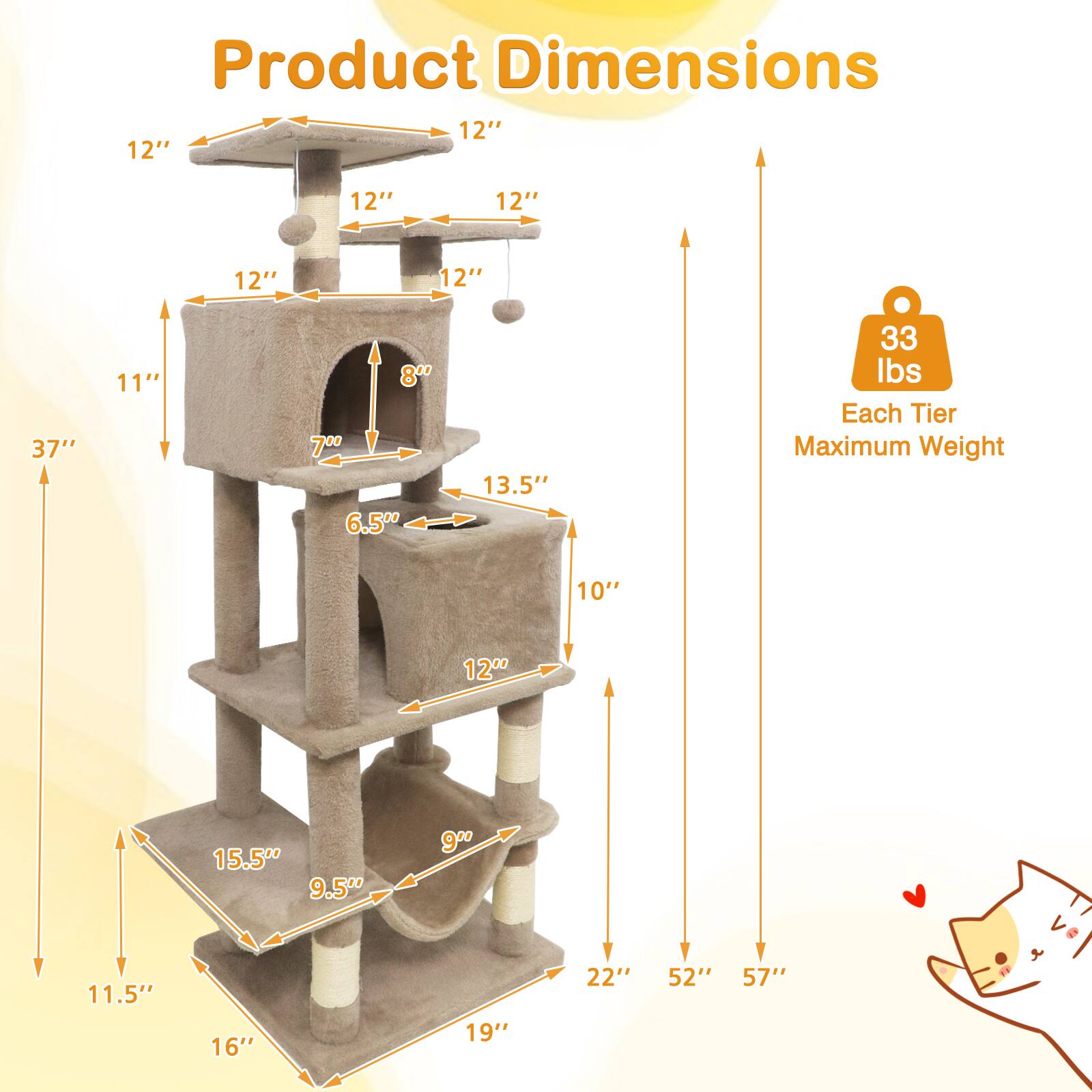 Product Dimensions

- 12" (top tier width)
- 12" (top tier depth)
- 12" (second tier width)
- 12" (second tier depth)
- 12" (third tier width)
- 12" (third tier depth)
- 37" (total height)
- 11" (third tier height from bottom)
- 8" (third tier entrance height)
- 7" (third tier entrance width)
- 6.5" (second tier height from bottom)
- 13.5" (second tier entrance width)
- 33 lbs (Each Tier Maximum Weight)
- 10" (second tier entrance height)
- 12" (first tier width)
- 11.5" (first tier depth)
- 15.5" (first tier height from bottom)
- 9.5" (first tier entrance height)
- 9" (first tier entrance width)
- 16" (base width)
- 19" (base depth)
- 22" (base height)
- 52" (total width)
- 57" (total depth)