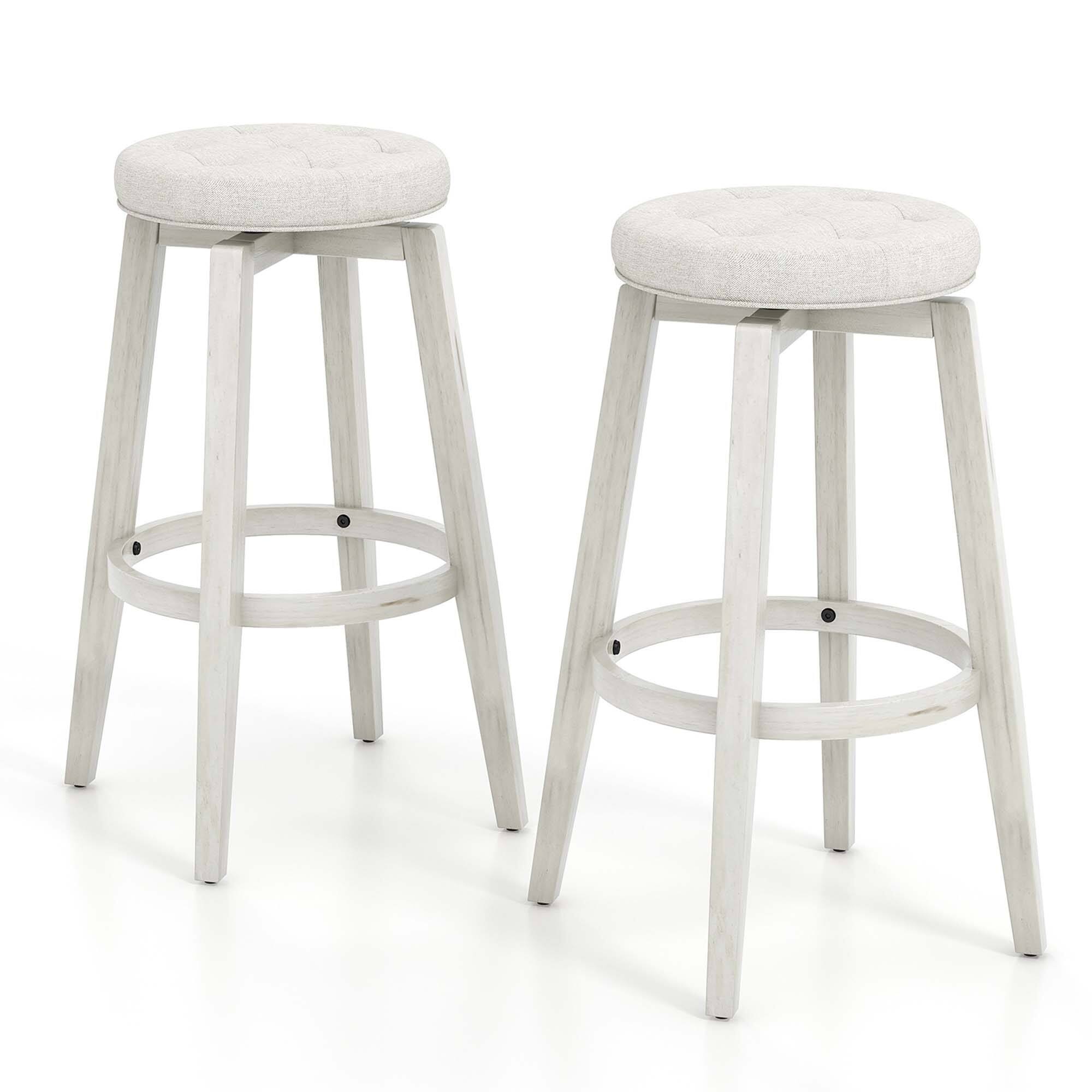 Alt View 1. Costway - 30" Swivel Bar Stool Set of 2 Upholstered Bar Height Rubber Wood Frame - White.