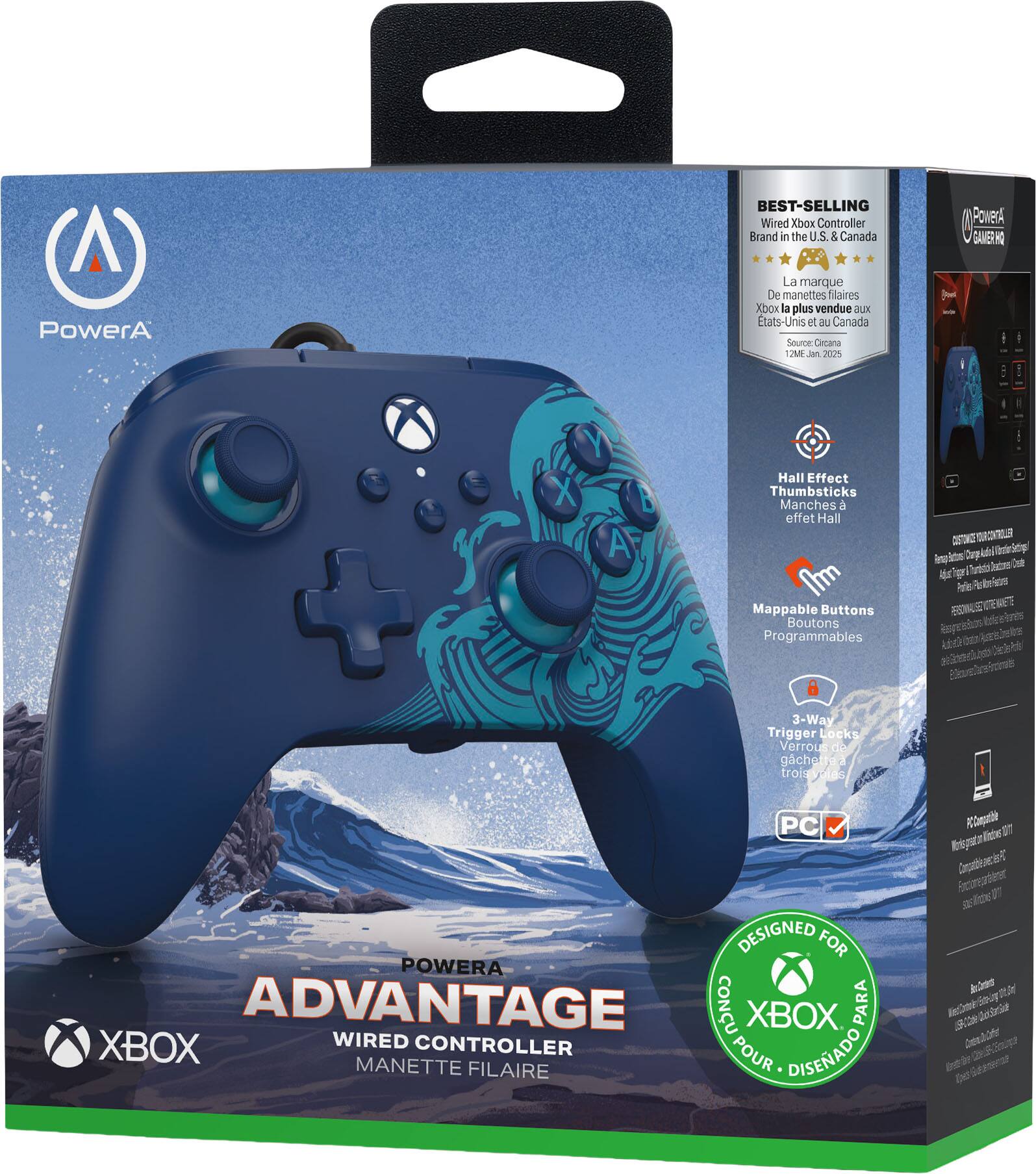 Sure, here is the corrected and grouped text from the image:

---

**PowerA**

**ADVANTAGE**  
Wired Controller  
MANETTE FILAIRE

**BEST-SELLING**  
Wired Xbox Controller Brand in the U.S. & Canada  
La marque De manettes Xbox la plus vendue aux États-Unis et au Canada  
Source: Circana 12M Jan 2023

- Hall Effect Thumbsticks  
  Manches à effet Hall

- Mappable Buttons  
  Boutons Programmables

- 3-Way Triggers  
  Verrou de gachette trois-positions

- PC Compatible  
  Compatible PC

**DESIGNED FOR**  
XBOX  
CONÇU POUR XBOX

---

This text is organized to reflect the information on the packaging of the PowerA Advantage Wired Controller.
