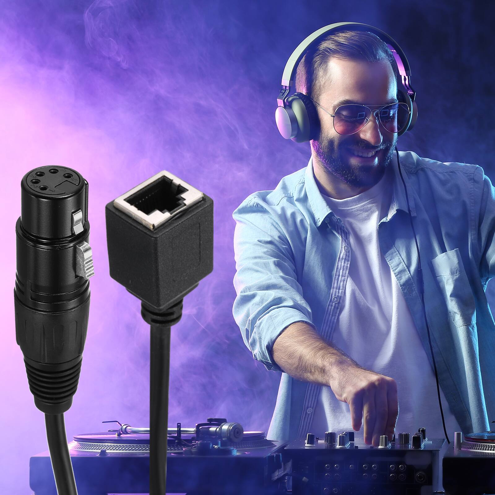 Alt View 5. Unique Bargains - 2pcs 5 Pin DMX512 XLR Female to RJ45 Female Adapter Cable, 1.6ft, for Stage Studio Console Lighting - Black.