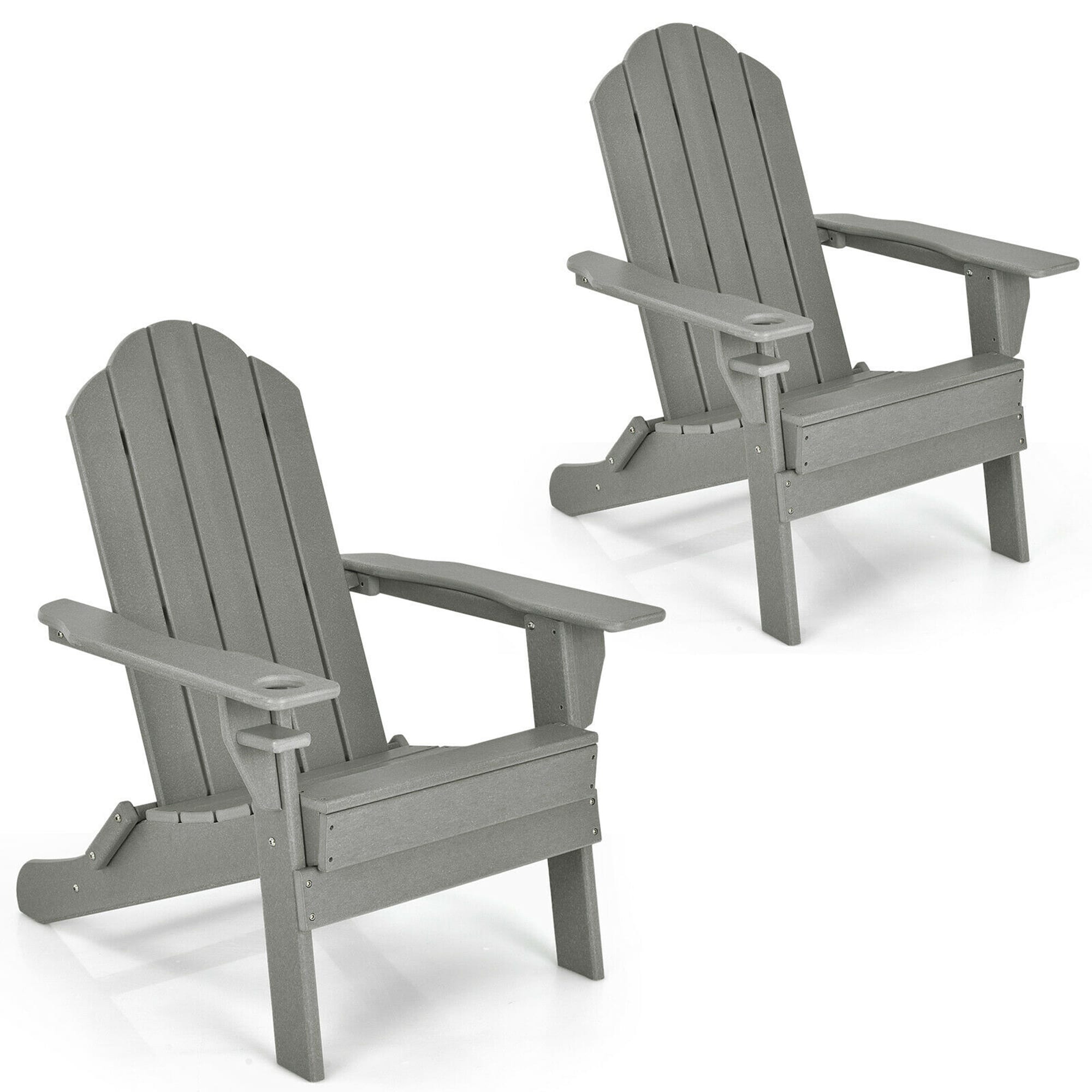 Gymax - 2PCS Patio Folding Adirondack Chair Weather Resistant Cup Holder Yard Grey - Gray