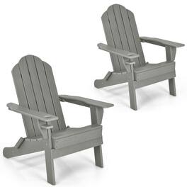 Gymax - 2PCS Patio Folding Adirondack Chair Weather Resistant Cup Holder Yard Grey - Gray