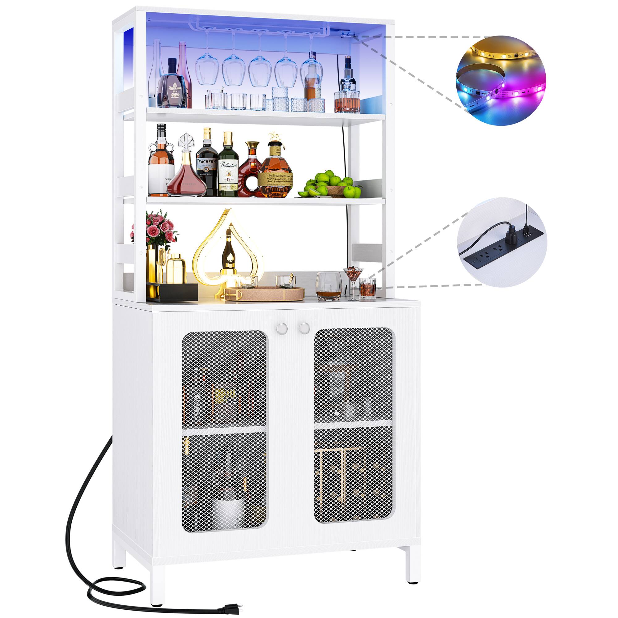 Back. Aheaplus - 67'' Tall Wine Cabinet with LED Light and Power Strip, Liquor Cabinet with Glass Holder & Shelves - White.