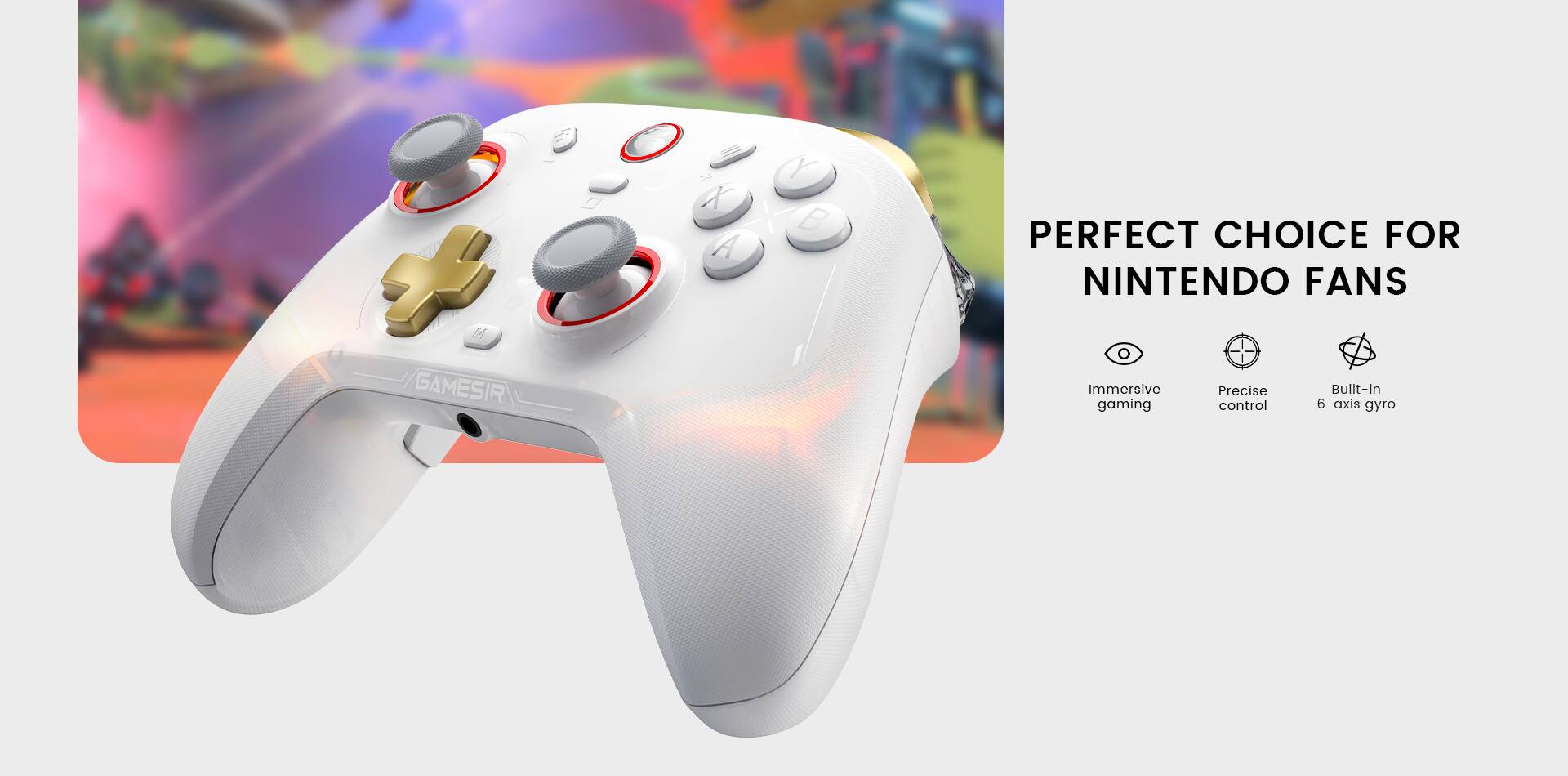 The text on the image reads: "PERFECT CHOICE FOR NINTENDO FANS 16 GAMES, Immersive gaming, Precise control, Built-in 6-axis gyro."