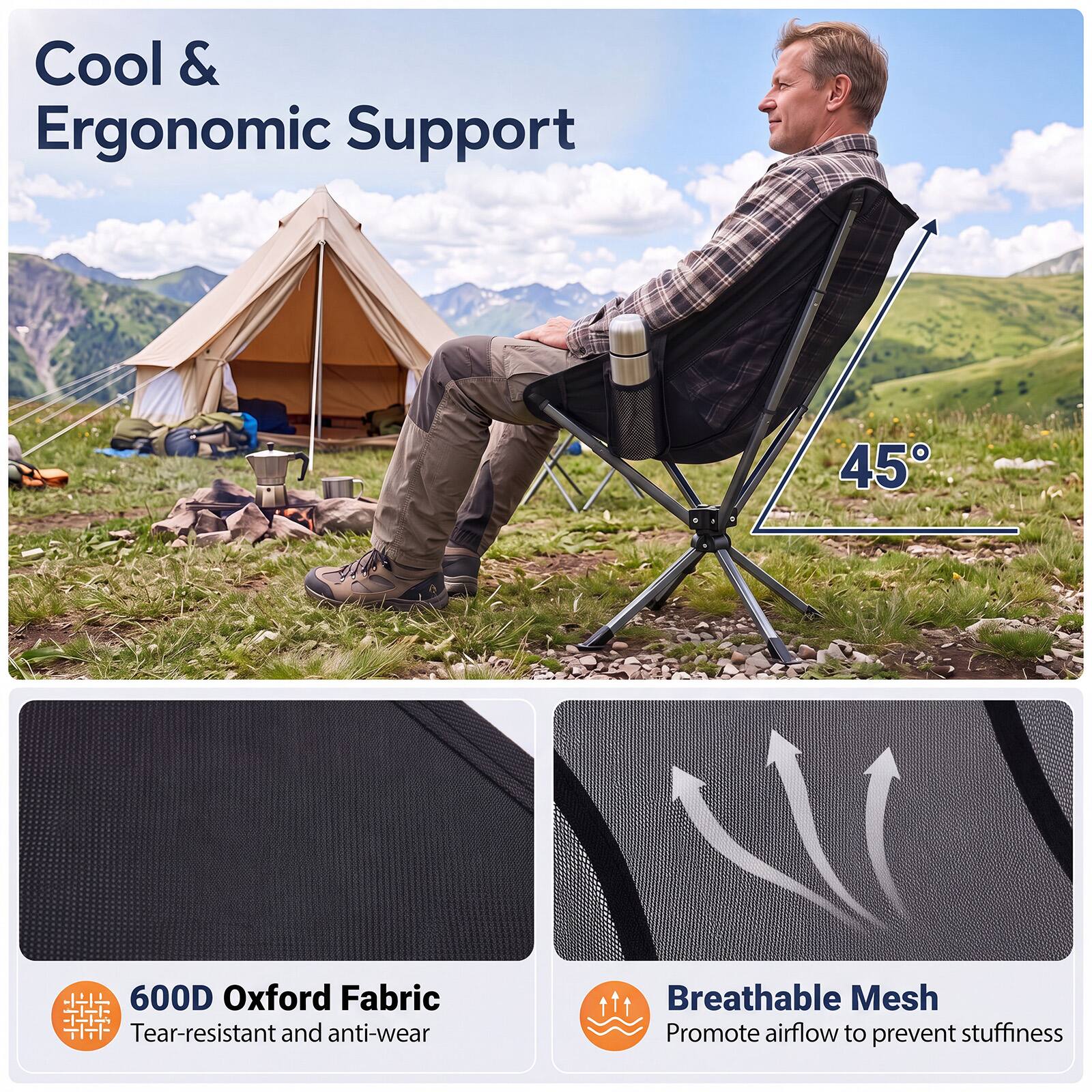 Cool & Ergonomic Support

45°

600D Oxford Fabric
Tear-resistant and anti-wear

Breathable Mesh
Promote airflow to prevent stuffiness