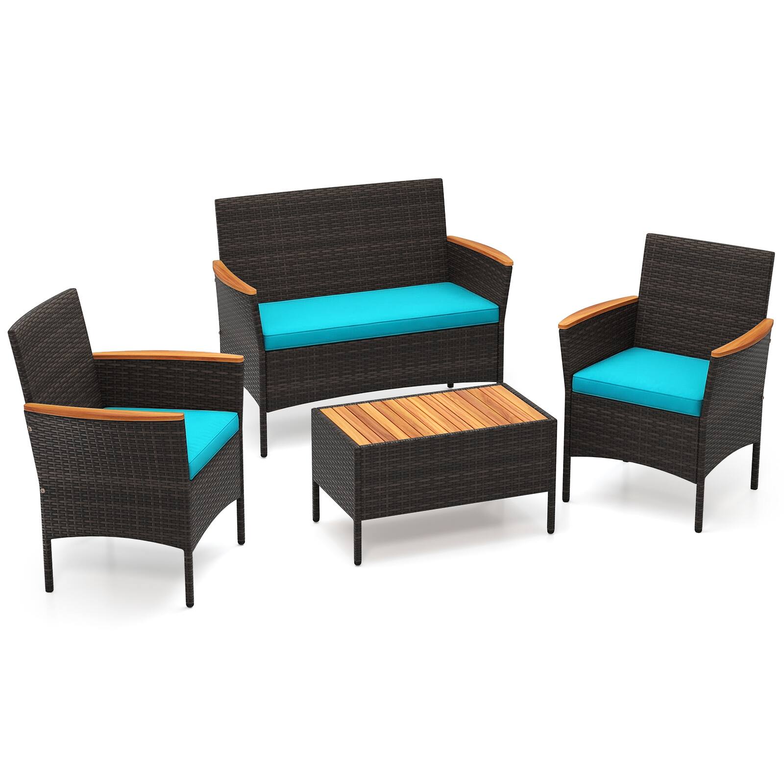 Alt View 8. Costway - Costway 4 PCS Patio Wicker Sofa Set with Coffee Table Acacia Wood Armrests & Tabletop - Mix Brown + Turquoise.
