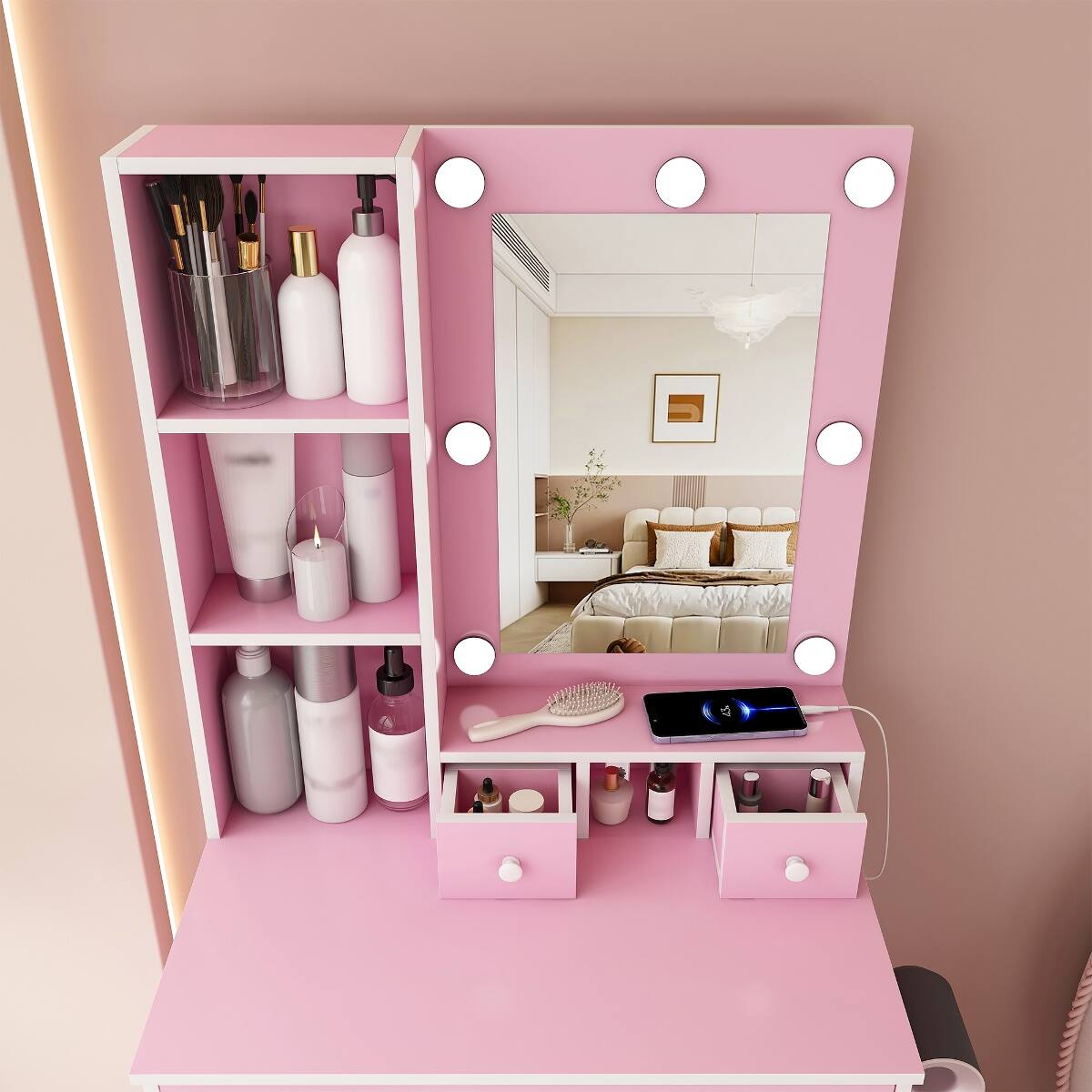 Alt View 8. Loheer - Loheer Makeup Vanity with Adjustable LED Lights, Mirror and Stool for Small Bedrooms, Pink - Pink.