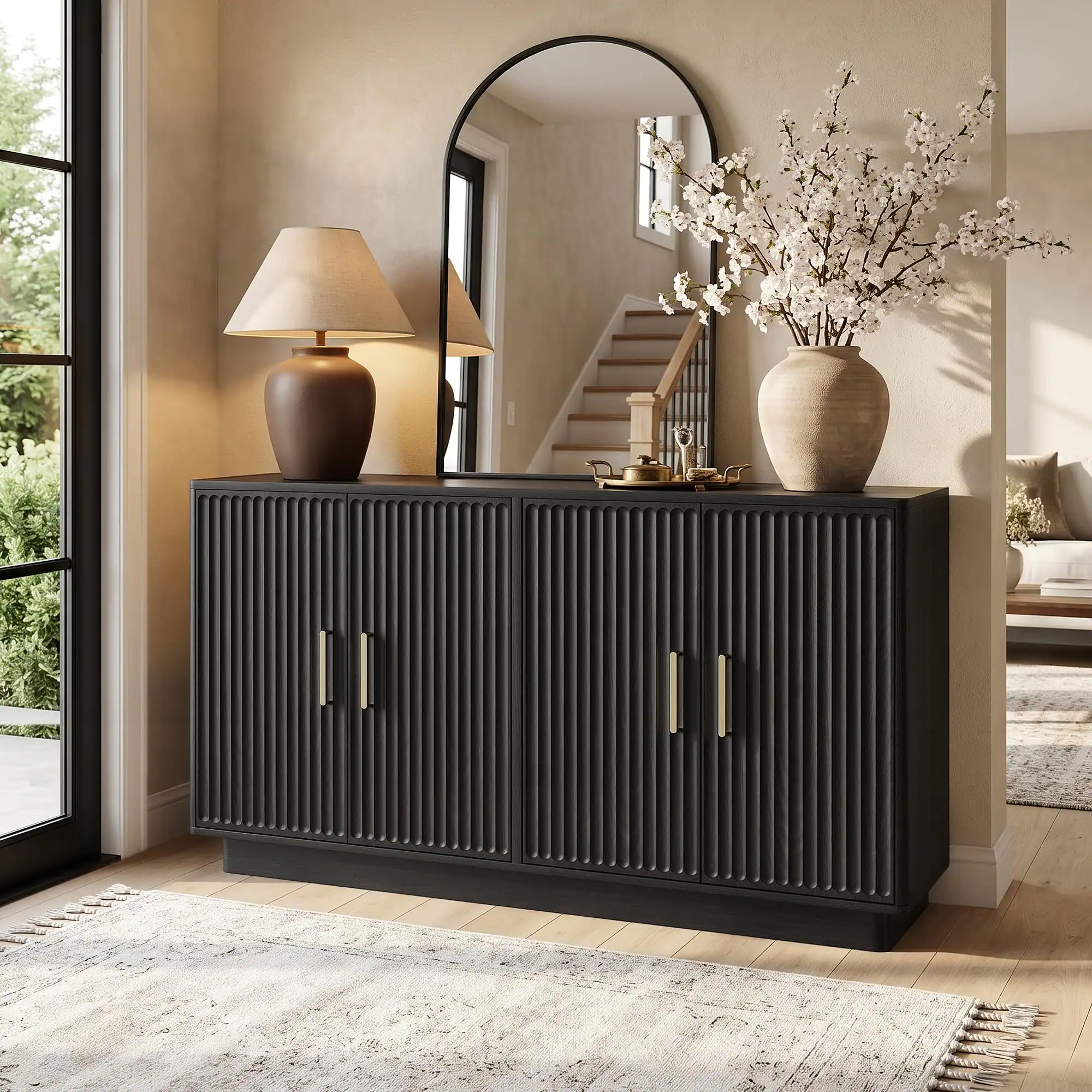 Alt View 3. paproos - 55" Modern Fluted Sideboard Buffet Cabinet, Space-Saving Storage Credenza with Adjustable Shelves for Living Room - Black.