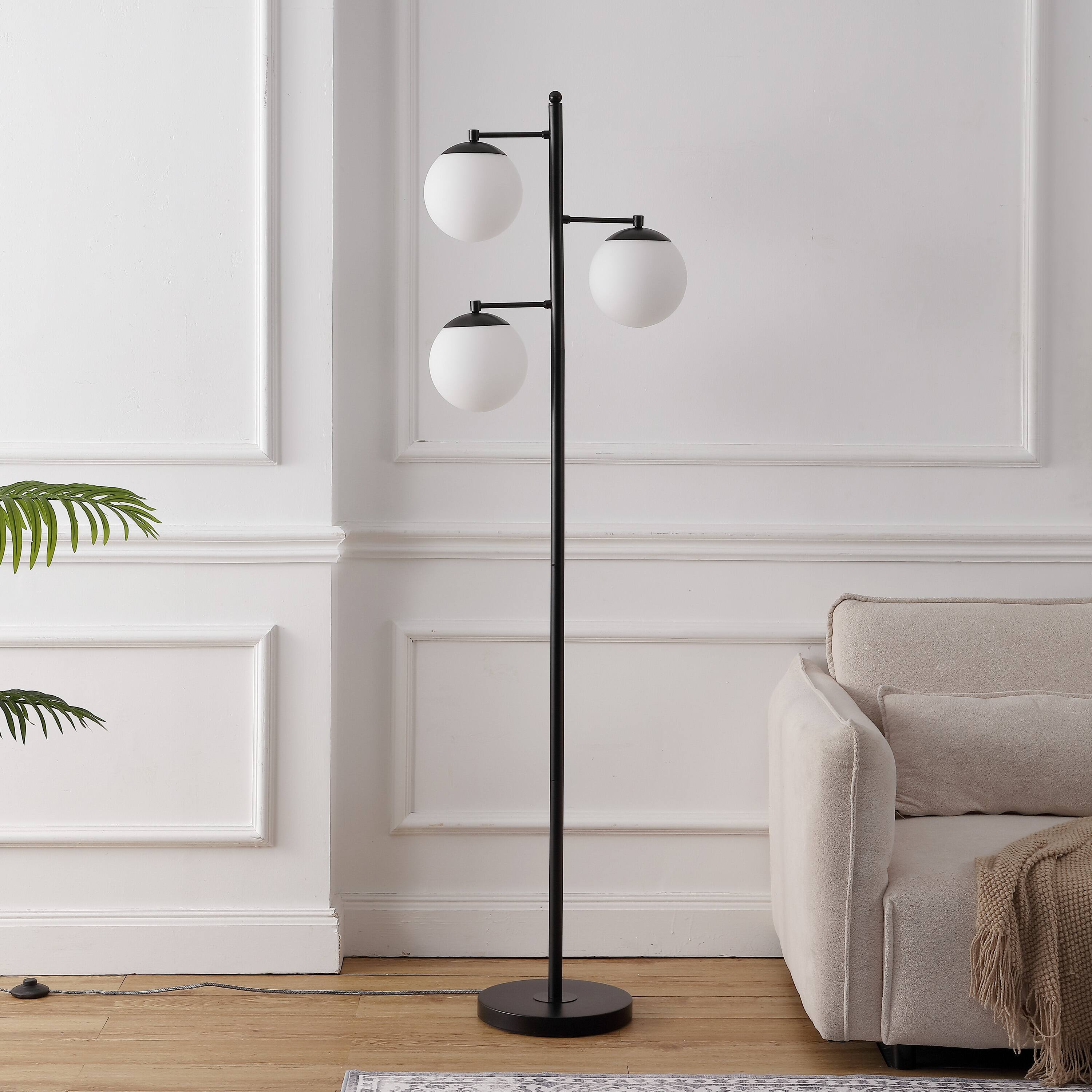 Alt View 5. Jonathan Y - Ellie 66" 3-Light Mid-Century Modern Metal LED Floor Lamp with Triple Frosted Globe Shades, Black/White - Black.
