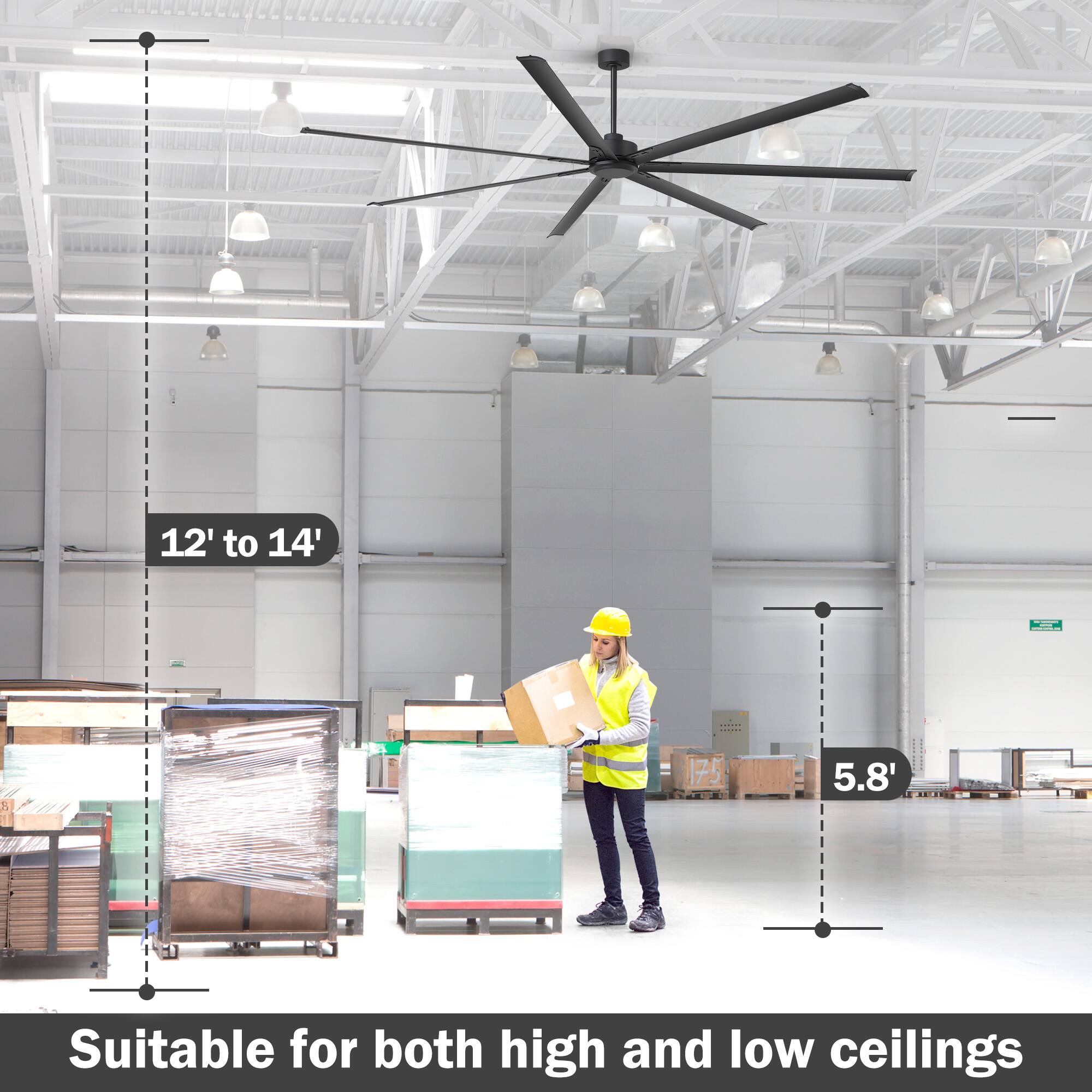 12' to 14'  
5.8'  
Suitable for both high and low ceilings