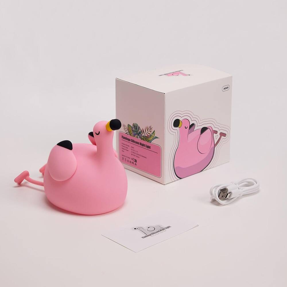 Sure, here is the corrected and grouped text from the image:

**Box:**
- "AMH"
- "Flamingo Night Light"
- "AMH"

**Text on the Box:**
- "Flamingo Night Light"
- "AMH"

**Text on the Card:**
- "Flamingo Night Light"
- "AMH"

**Text on the Sticker:**
- "AMH"