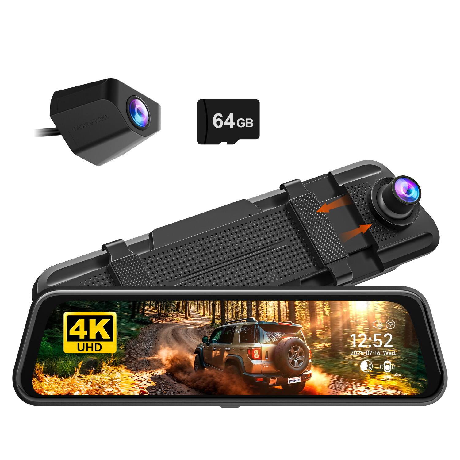 WOLFBOX - 4K Rearview Mirror Dash Cam, 4K +1080P, 10" Touch Screen, Night Vision, Looping Recording, G-sensor - Black