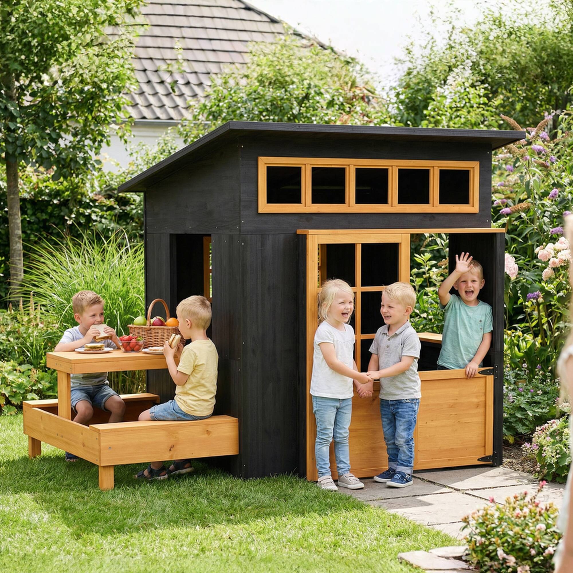 Alt View 1. Qaba - Playhouse, Wooden Kids Playhouse w/ Picnic Table & Benches, Chalkboards, Half Door, Windows - Black.