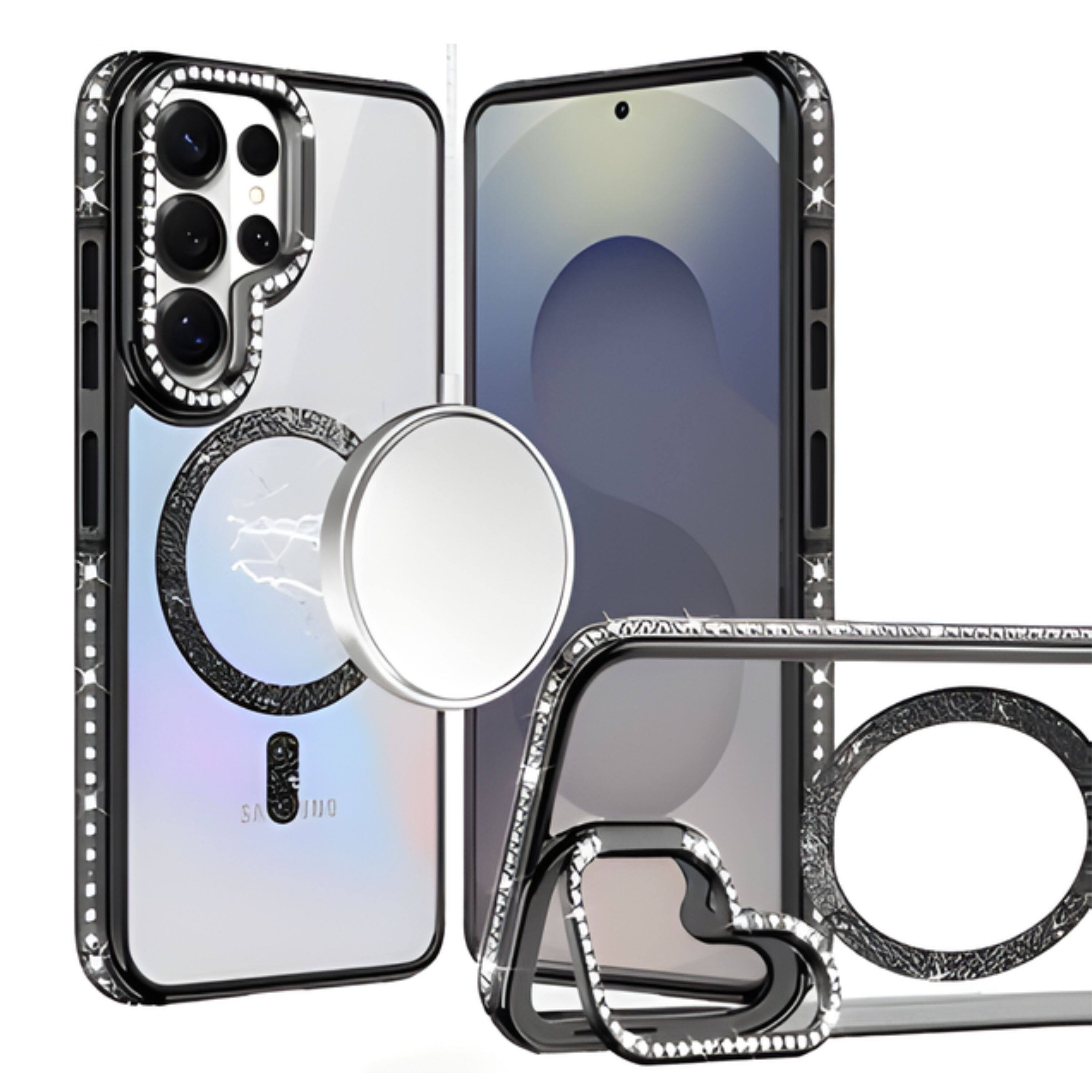 Angle. Kitcheniva - Diamond Bling Border Magnetic Circle Phone Case With Tempered Glass For Samsung Galaxy S25 Ultra Black - Black.