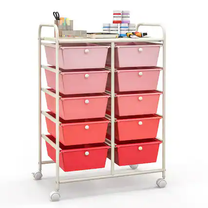 Front. WELLFOR - 10-Drawer Utility Rolling Storage Cart with Metal Tabletop & Metal Frame, Drawer Organizer with Wheels - Gradient Pink.
