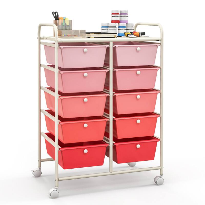 Front. WELLFOR - 10-Drawer Utility Rolling Storage Cart with Metal Tabletop & Metal Frame, Drawer Organizer with Wheels - Gradient Pink.