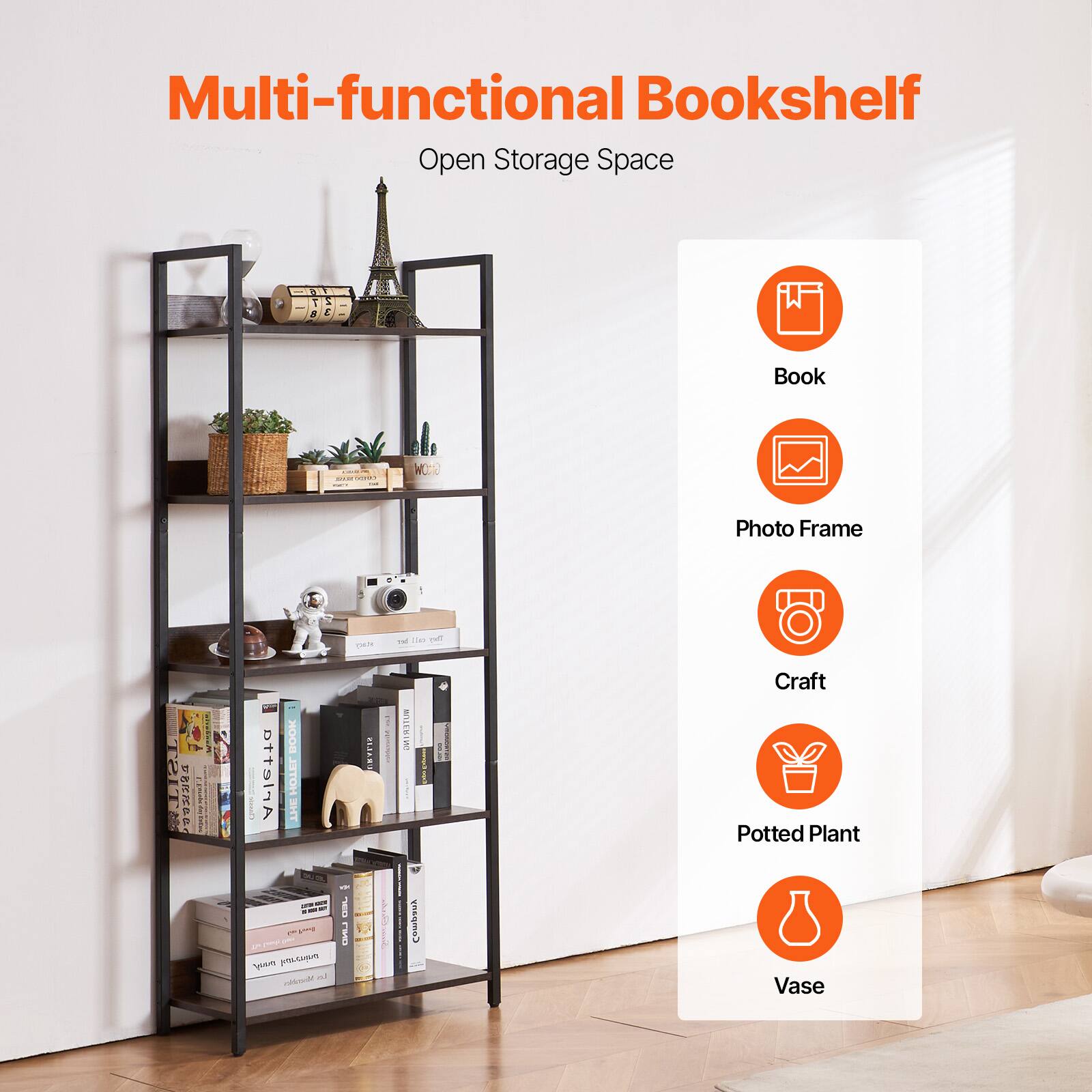 Multi-functional Bookshelf  
Open Storage Space  

- Book  
- Photo Frame  
- Craft  
- Potted Plant  
- Vase