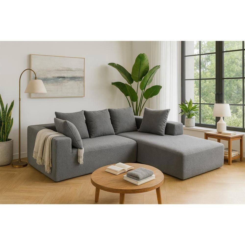 Alt View 2. Kadyn - L-Shaped Full Foam Sectional Sofa, 5 Pillows, Compressed Shipping, Flannelette, Space Saving Design, Gray-Blue - Gray.