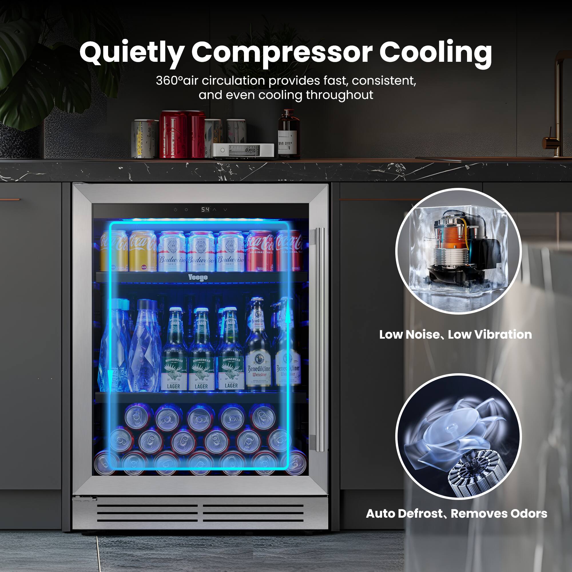 Quietly Compressor Cooling  
360° air circulation provides fast, consistent, and even cooling throughout  

Low Noise, Low Vibration  

Auto Defrost, Removes Odors