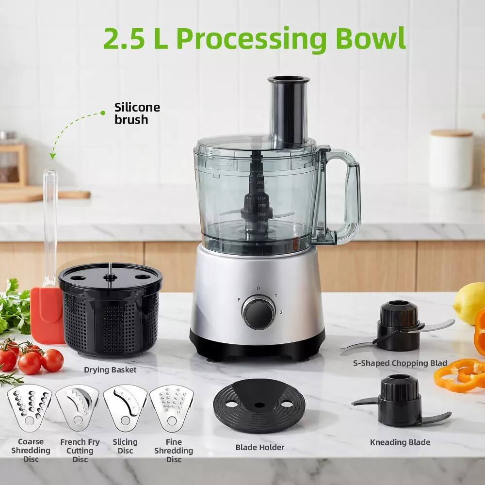 2.5 L Processing Bowl  
Silicone brush  
Drying Basket  
Coarse French Fry Slicing Fine Shredding Cutting Disc  
Shredding Disc  
Blade Holder  
S-Shaped Chopping Blade  
Kneading Blade