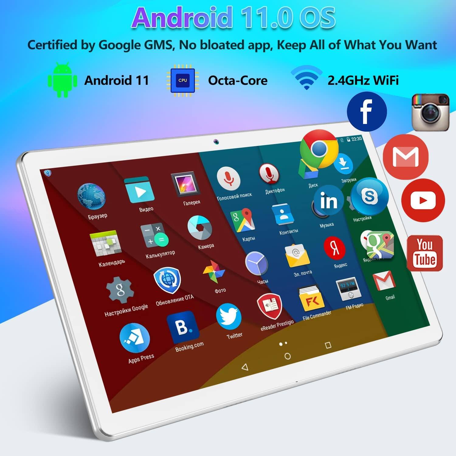 Android 11.0 OS  
Certified by Google GMS, No bloated app, Keep All of What You Want  

Android 11  
Octa-Core  
2.4GHz WiFi  

Apps:  
- Browser  
- Video  
- Camera  
- Calendar  
- Settings  
- Google Play Store  
- Google Maps  
- Twitter  
- Booking.com  
- Apps Press  
- eReader Prestigio  
- File Commander  
- FM-Radio  
- Gmail  
- YouTube  
- Facebook  
- Instagram  
- Google Chrome  
- Google Drive  
- Google Photos  
- Google Play Music  
- Google Play Movies & TV  
- Google Play Games  
- Google Play Books  
- Google Play Newsstand  
- Google Play Movies & TV  
- Google Play Music  
- Google Play Games  
- Google Play Books  
- Google Play Newsstand  
- Google Play Movies & TV  
- Google Play Music  
- Google Play Games  
- Google Play Books  
- Google Play Newsstand  
- Google Play Movies & TV  
- Google Play Music  
- Google Play Games  
- Google Play Books  
- Google Play Newsstand  
- Google Play Movies & TV  
- Google Play Music  
- Google Play Games  
- Google Play Books  
- Google