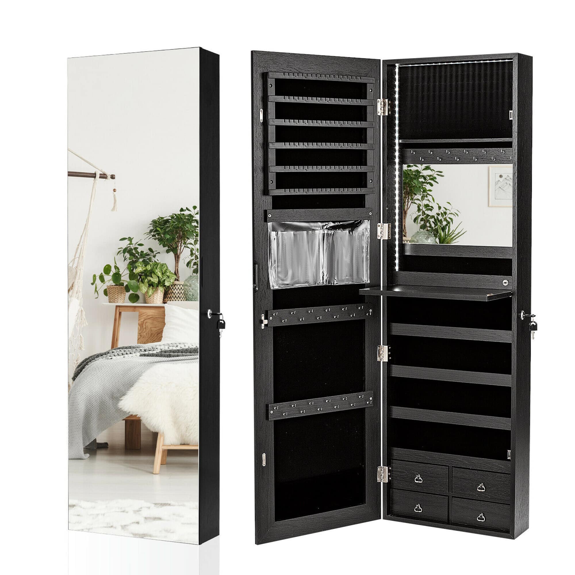 Gymax - Mirror Jewelry Cabinet 96 LED Lights Wall Door Mounted Armoire w/ Makeup Rack - Black price history on PriceWatchPro
