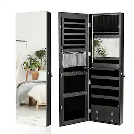 Gymax - Mirror Jewelry Cabinet 96 LED Lights Wall Door Mounted Armoire w/ Makeup Rack - Black