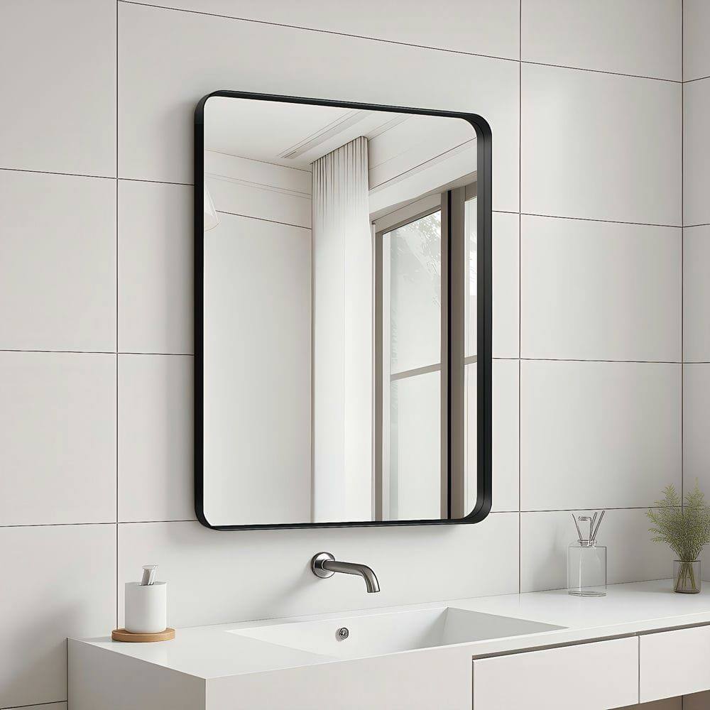 Angle. Kadyn - 20x16 Inch Rectangle Wall Mirror with Rounded Corners and Black Metal Frame - Black.