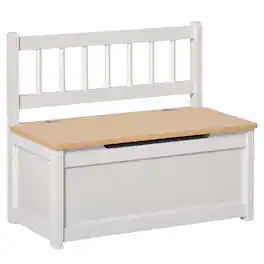 Qaba - Kids Wooden Toy Organizer Chest Storage Box with Seat Bench Cabinet Chunk Cube with Safety Pneumatic Rod - White