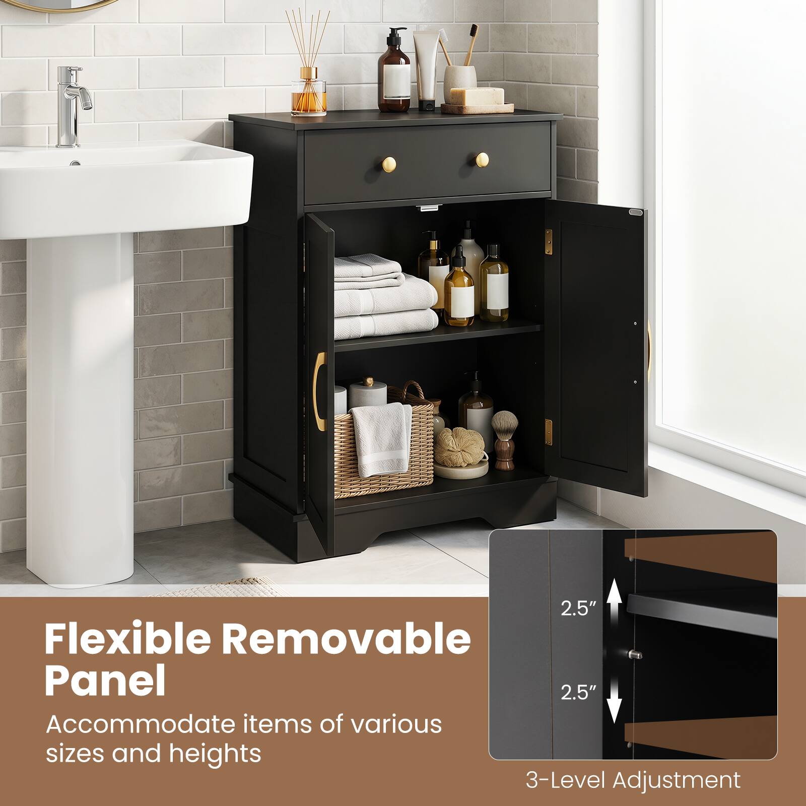 2.5" Flexible Removable Panel  
Accommodate items of various sizes and heights  
3-Level Adjustment