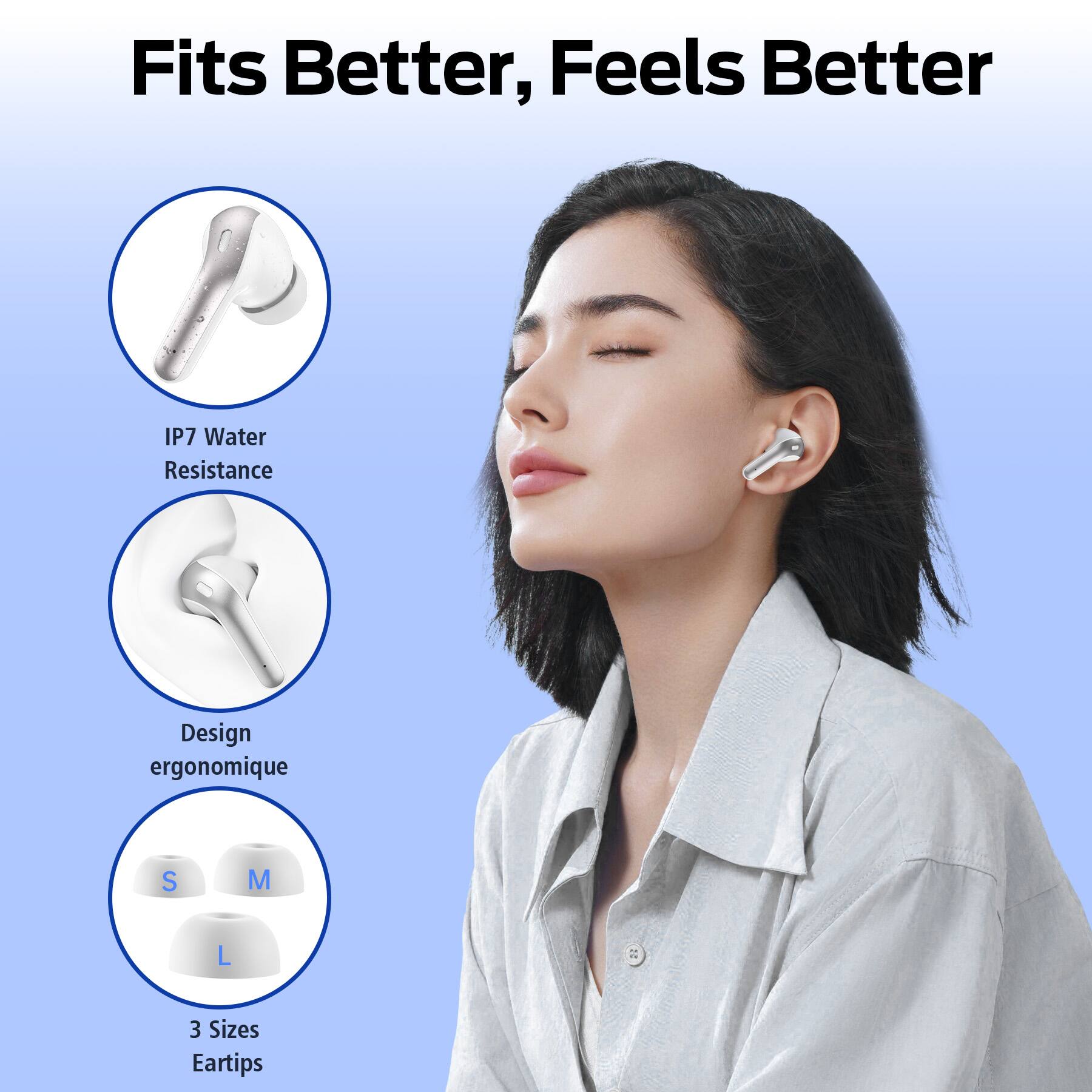 Fits Better, Feels Better

- IP7 Water Resistance
- Design ergonomique
- 3 Sizes Eartips (S, M, L)