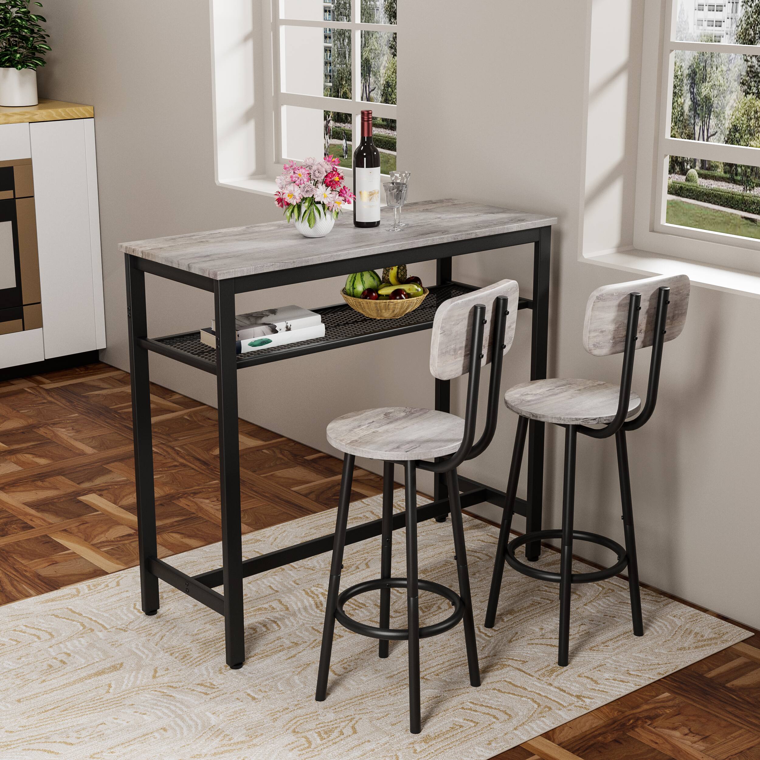 Front. APRILSOUL - Bar Table and Chairs Set Square Table 2 Stools Dining Pub Set 2 Space Saving Grey - Grey.